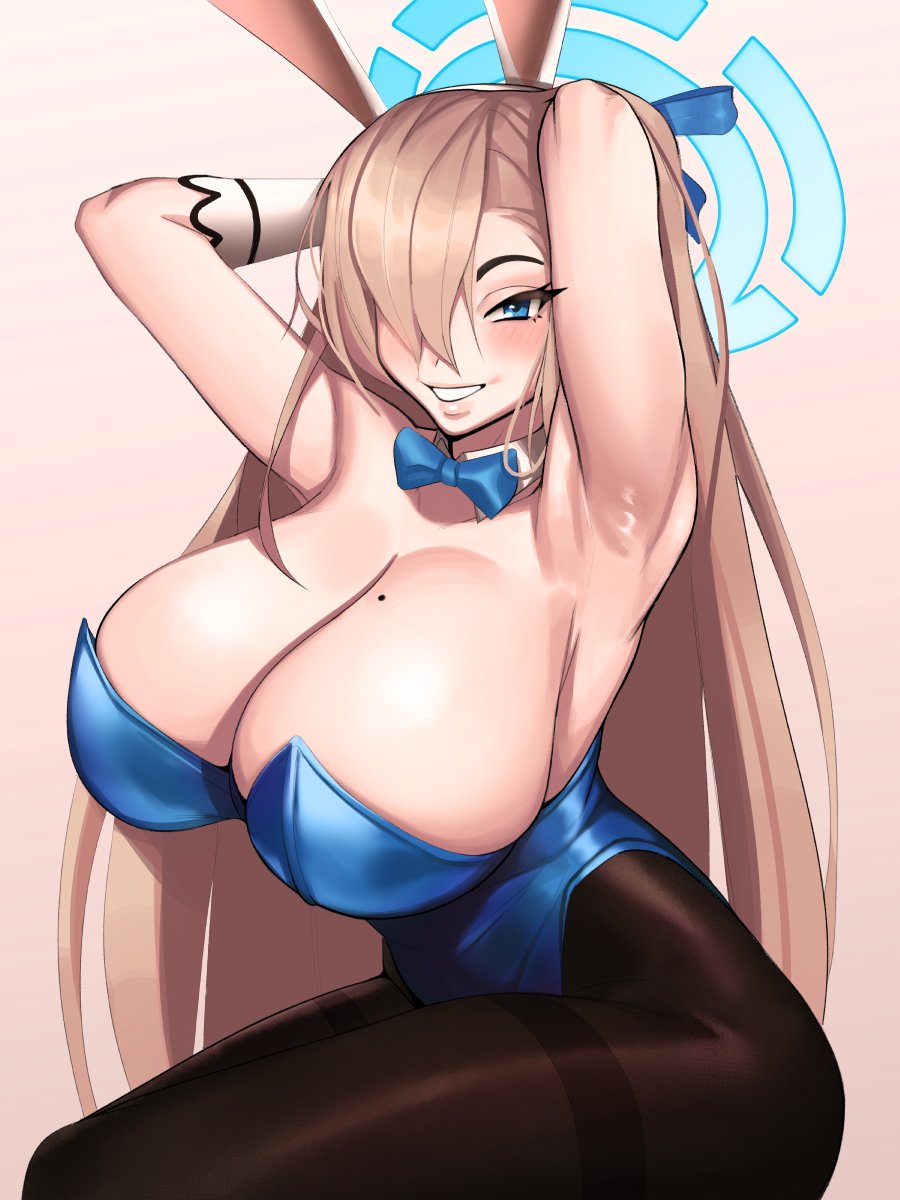 1girls armpits arms_behind_head asuna_(blue_archive) asuna_(bunny)_(blue_archive) black_pantyhose blue_archive blue_bowtie blue_eyes blue_leotard bowtie breasts brown_hair bunny_ears bunny_girl bunnysuit cleavage collar female female_only hair_over_one_eye huge_breasts kevbot large_breasts leotard light_brown_hair long_hair looking_at_viewer millennium_science_school_student mole mole_on_breast pantyhose smile solo teenager very_long_hair