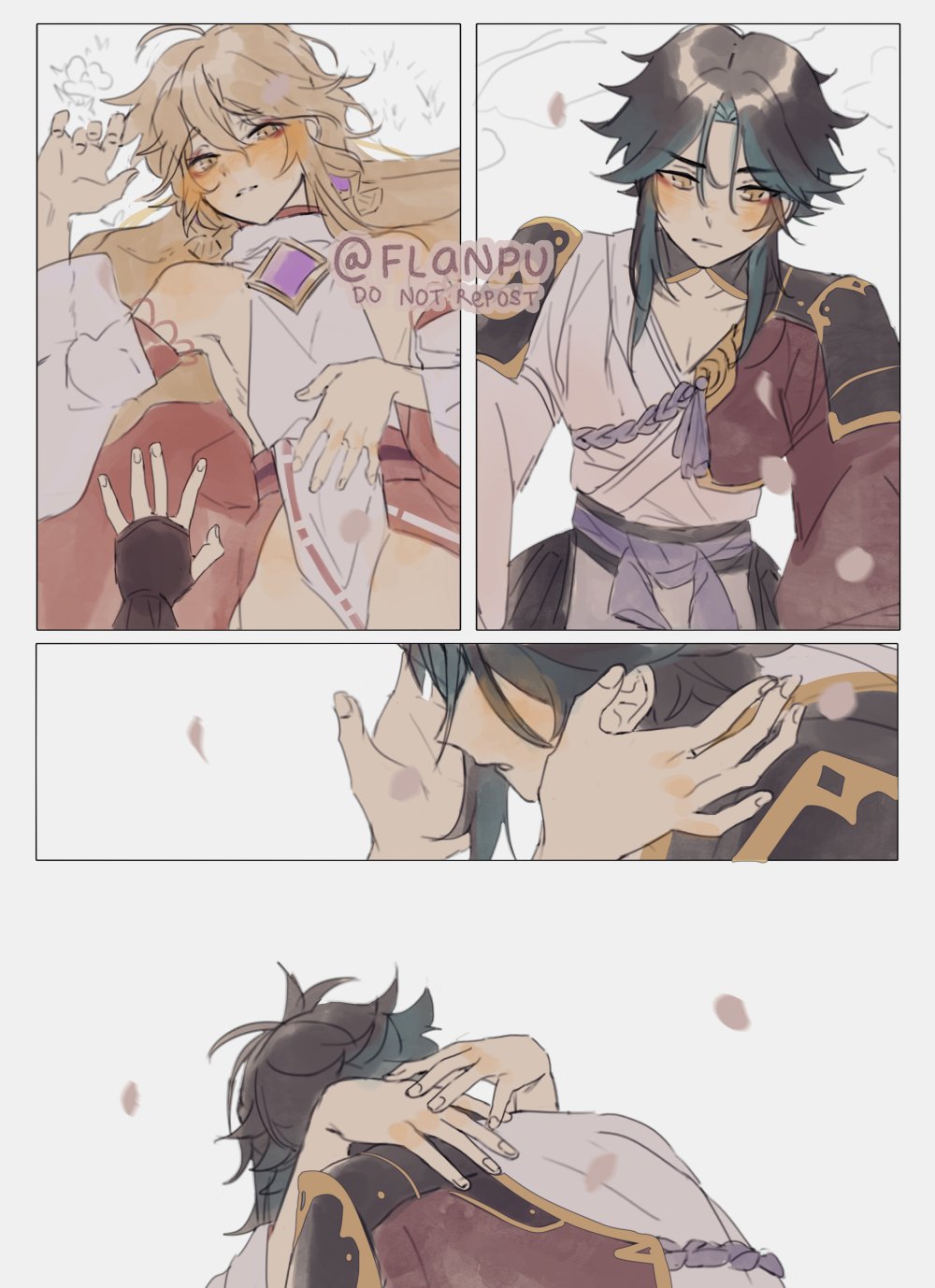 2boys, aether (genshin impact), blonde hair, cute, flanpu, genshin impact, green hair, male, male only, princess, xiao (genshin impact), yae costume, yaoi