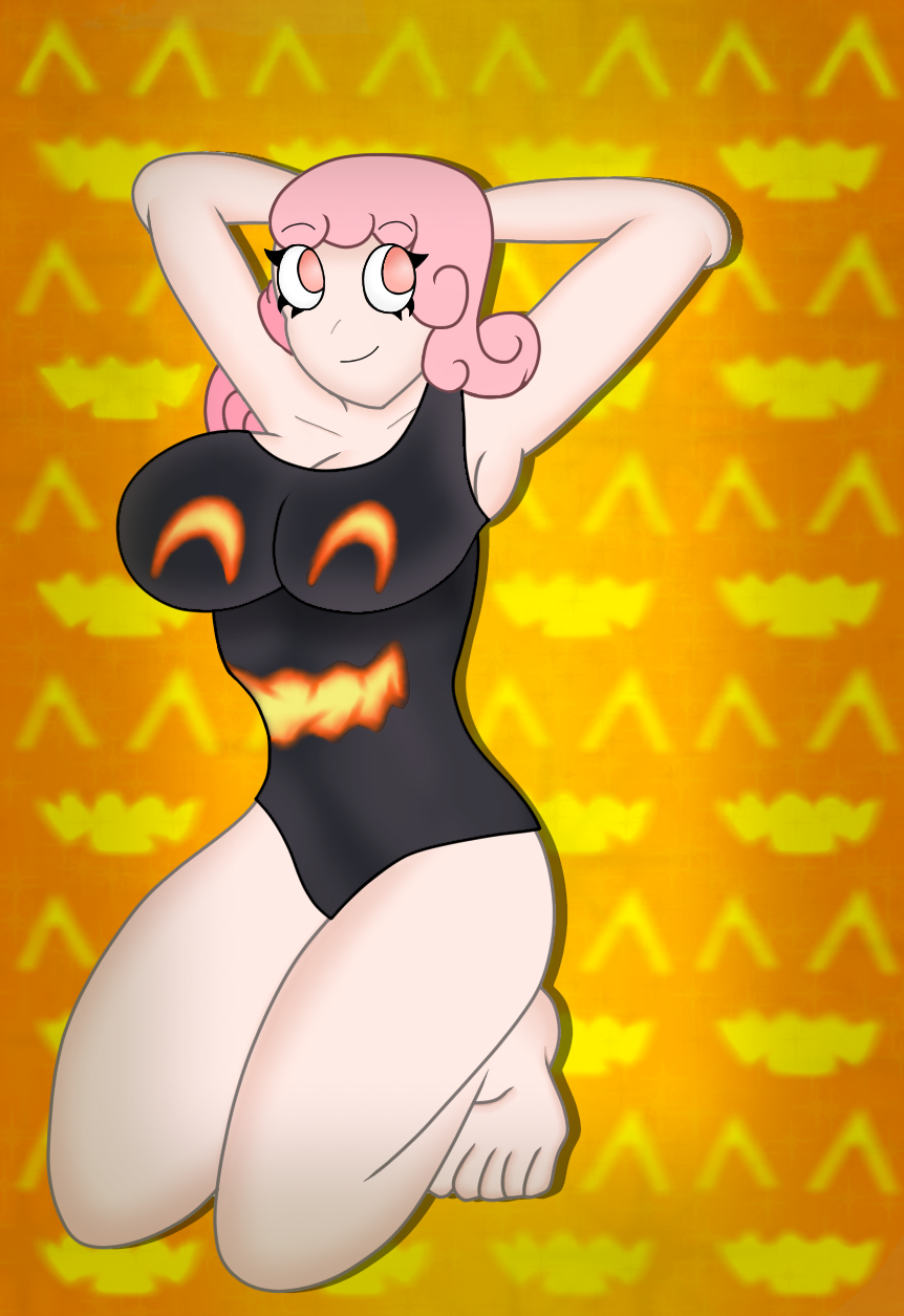 1girls breasts cute eyelashes feet female female_only flowercatta_(artist) halloween halloween_background hands_behind_head human jack-o'-lantern jack-o'-swimsuit kneeling marie_mufflon_(fc) oc original_character pink_eyes pink_hair smile swimsuit tagme thighs