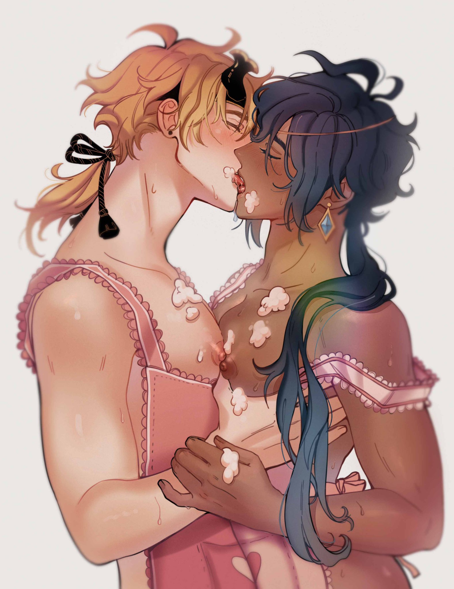 2boys, artist request, blue hair, breasts, cream, genshin impact, kaeya (genshin impact), kissing, male, male breasts, male only, male with breasts, thoma (genshin impact), yaoi