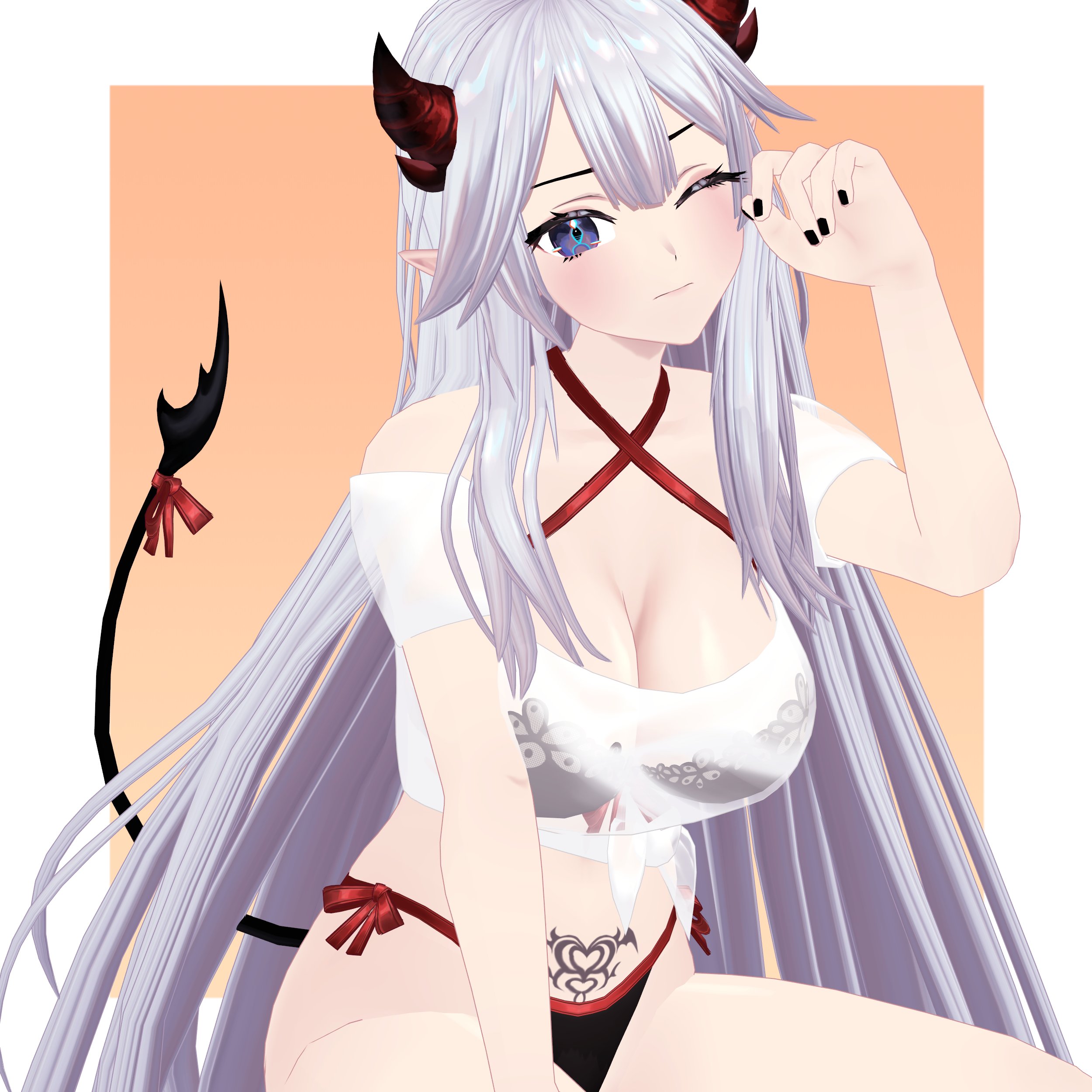 3d, bikini, demon, jjinomu, pubic tattoo, succubus, succubus horns, succubus tail, succubus tattoo, swimsuit, tagme, veibae, virtual youtuber, vshojo