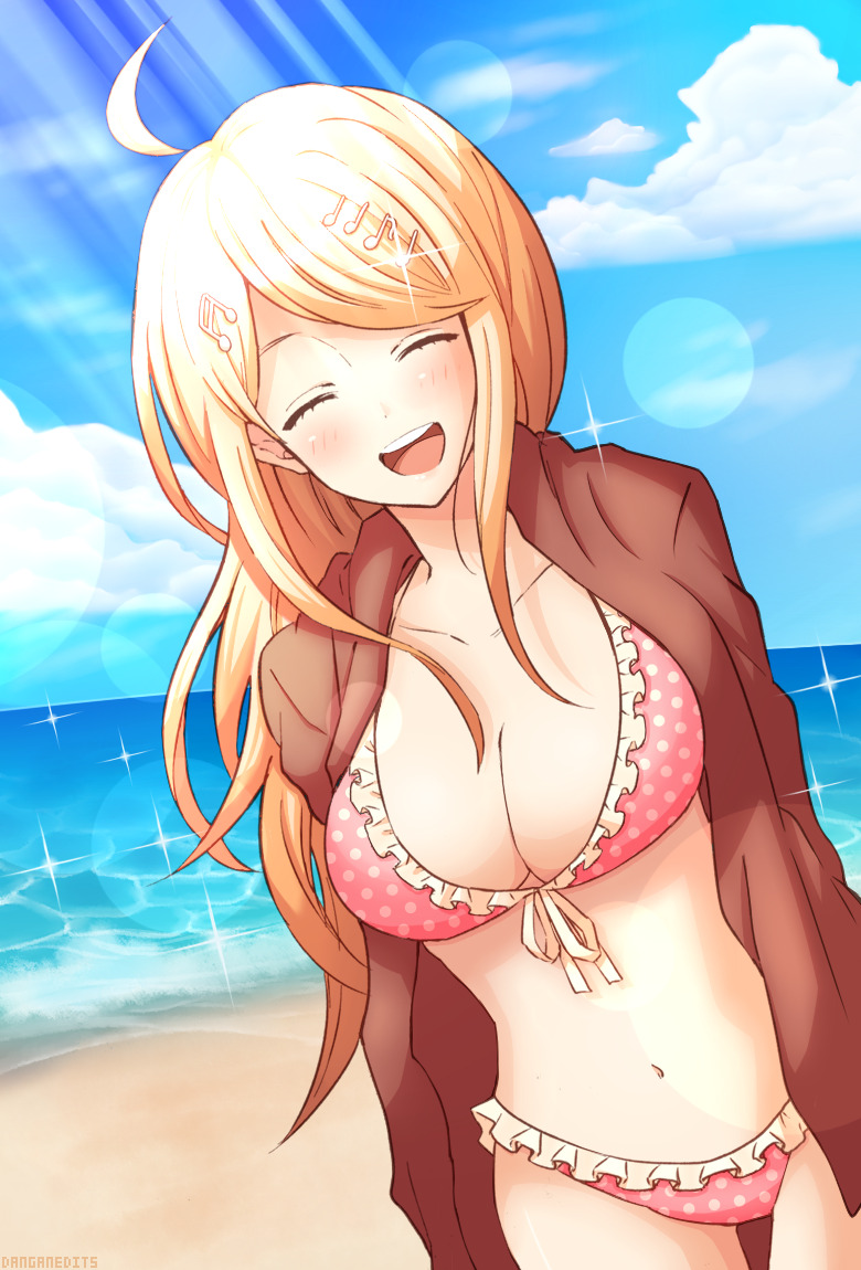 1girls, ahoge, akamatsu kaede, beach, belly, big breasts, bikini, blonde hair, blush, blushing, breasts, cleavage, closed eyes, danganronpa, danganronpa s: ultimate summer camp, danganronpa v3, female, female only, frills, front view, front-tie bikini, front-tie top, hair ornament, happy, human, human only, large breasts, light skin, light-skinned female, navel, new danganronpa v3, ocean, pink bikini, pink bikini bottom, pink bikini top, pink swimsuit, sea, seaside, sky, smile, smiling, solo, solo female, stomach, straight hair, sunny, swimsuit, water, wholesome