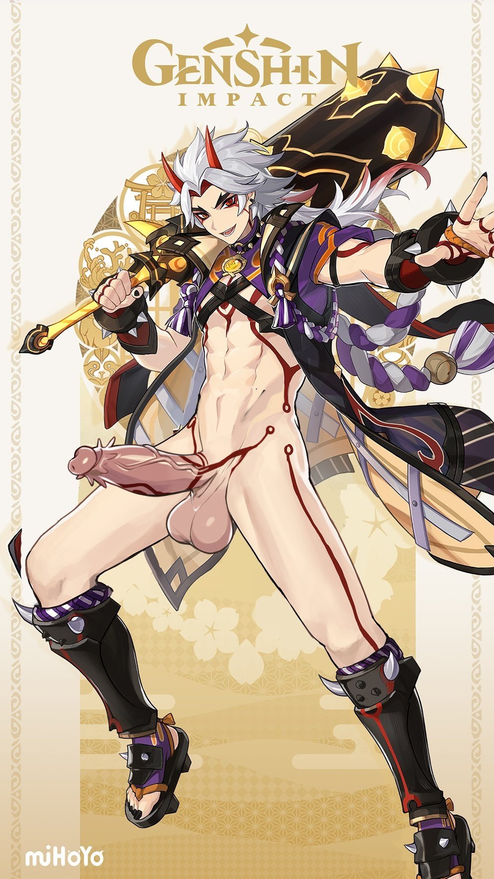 1boy abs arataki_itto athletic_male black_greaves black_nails black_toenails edit edited_official_artwork face_markings genshin_impact geta greaves huge_cock japanese_clothes kanabou male_only matemi monster_cock nude_male oni oni_horns penis_markings purple_coat red_horns red_markings solo solo_male spiked_bracelet spiked_club white_hair