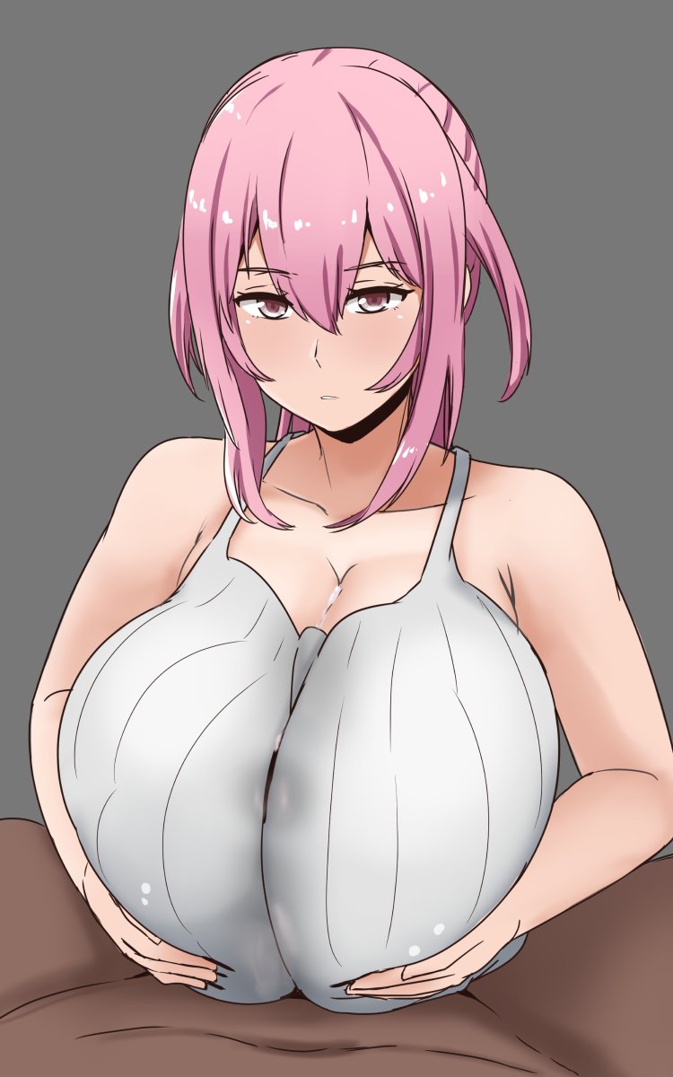 1boy, 1girls, big breasts, breasts, cleavage, dark skin, dark-skinned male, female, gigantic breasts, huge breasts, large breasts, male, nao (ritsancrossover), paizuri, pink eyes, pink hair, straight