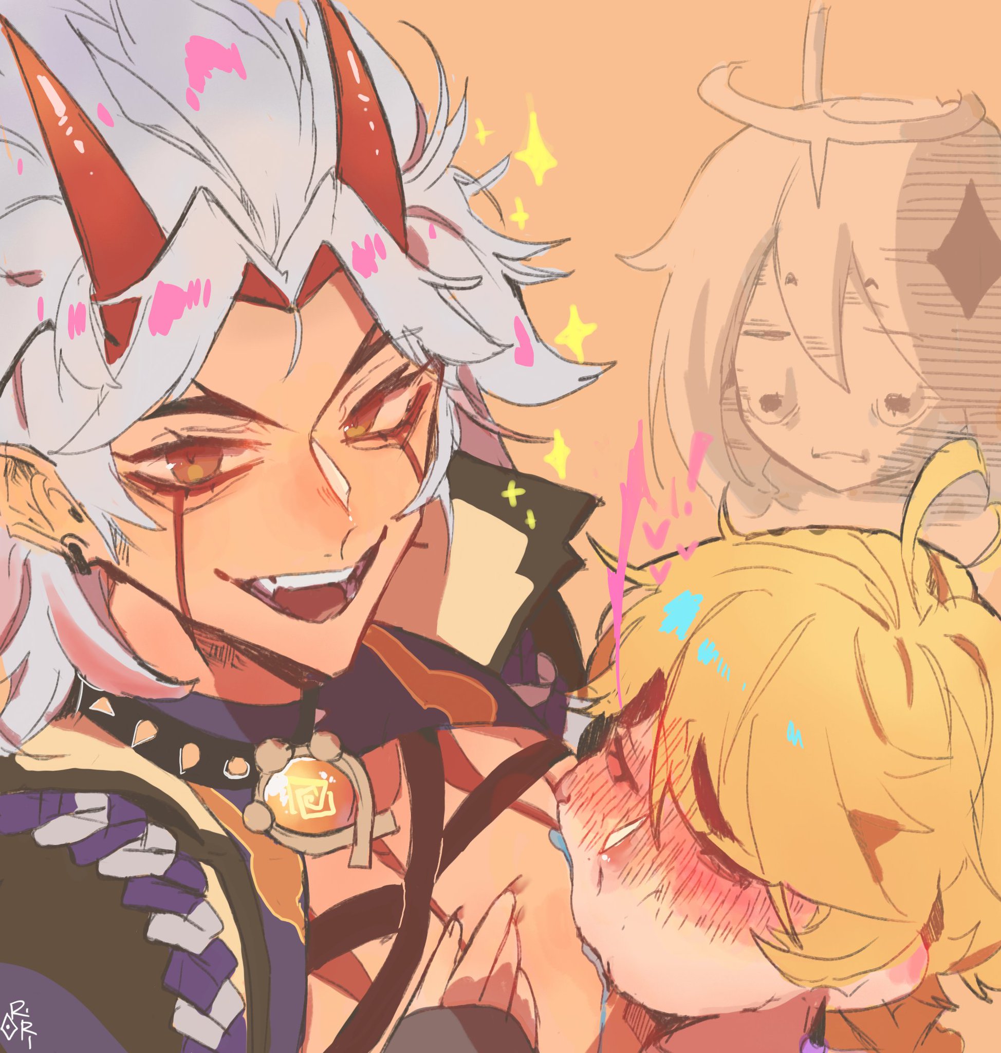 1girls, 2boys, aether (genshin impact), arataki itto, blonde hair, blush, demon, demon boy, demon horns, female, gay, genshin impact, horns, male, male focus, male only, male/male, markings, nipple fetish, nipple play, nipple suck, oni, oni horns, paimon (genshin impact), pec suck, pec sucking, red eyes, reimerei, sucking, sucking nipples, tagme, white hair, yaoi