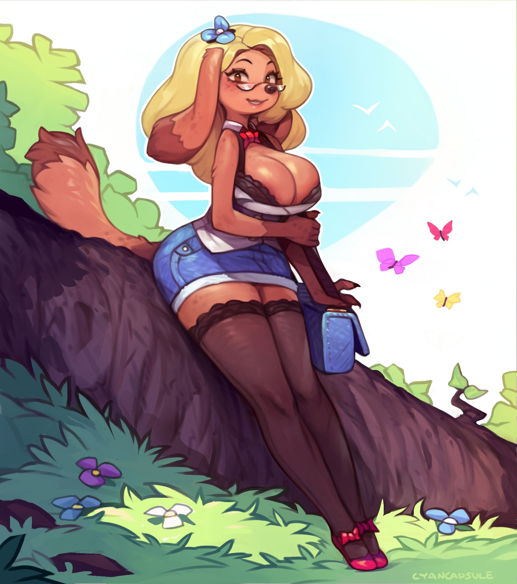 1girls, ass, blonde hair, bra, canine, cyancapsule, dog, female, female only, furry, glasses, jean shorts, maple (cyancapsule), nipple bulge, solo female, teasing, thighhighs