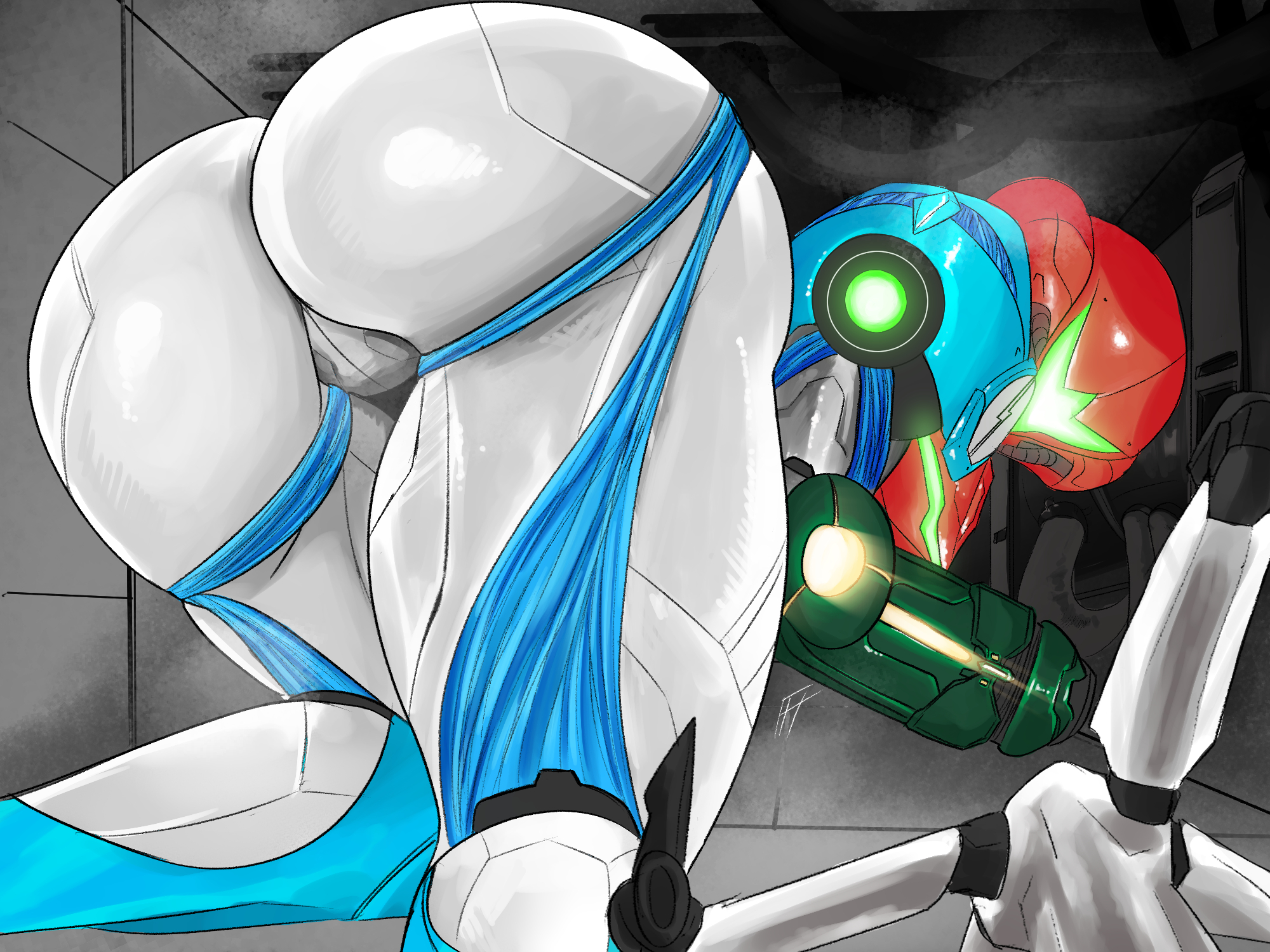 2021, arm cannon, armor, armored samus, artist request, ass, ass focus, claws, crawling, e.m.m.i, female, helmet, highres, huge ass, looking back, metroid, metroid dread, nintendo, pauldrons, power armor, power suit, samus aran, shoulder armor, solo, source request, weapon