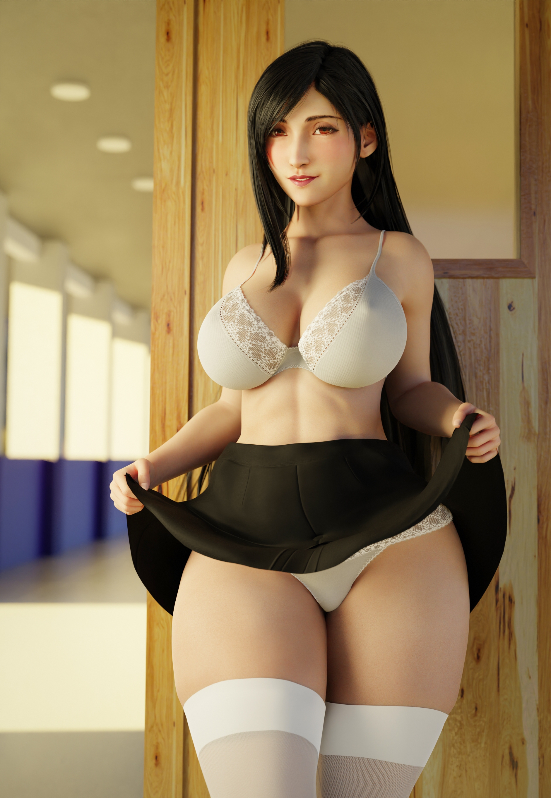 1girls, 3d, absurd res, alenabyss, black hair, bra, breasts, cleavage, clothed, erect nipples, female, female only, final fantasy, final fantasy vii, final fantasy vii remake, flashing, hartman hips, hi res, large breasts, long hair, looking at viewer, nipples, nipples visible through clothing, panties, pantyshot, red eyes, school uniform, shirt, skirt, skirt lift, smile, solo, stockings, thick thighs, tifa lockhart, underwear, upskirt, video game, video game character, video games, white panties