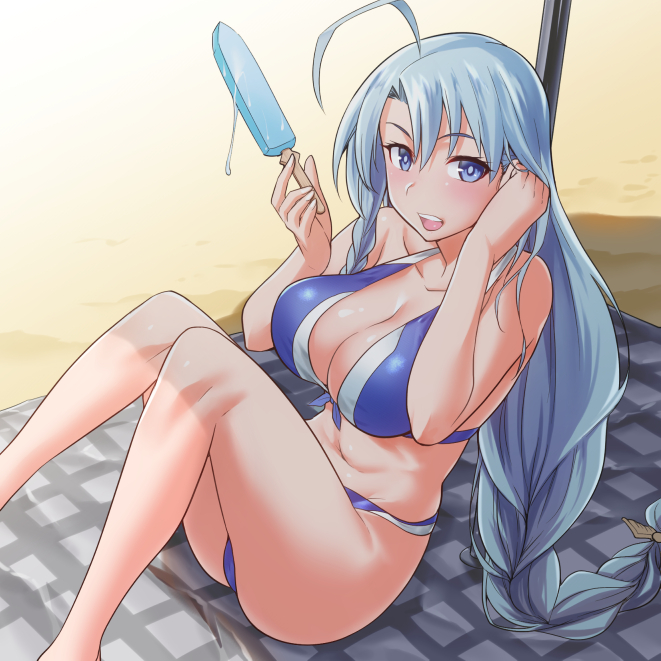 1girls :d beach beach_towel big_breasts bikini blue_bikini blue_eyes blue_hair blush braid breasts cleavage combatants_will_be_dispatched! female food kiasa large_breasts long_hair looking_at_viewer midriff navel open-mouth_smile open_mouth popsicle shadow single_braid smile snow_(combatants_will_be_dispatched!) solo swimsuit tied_hair towel very_long_hair