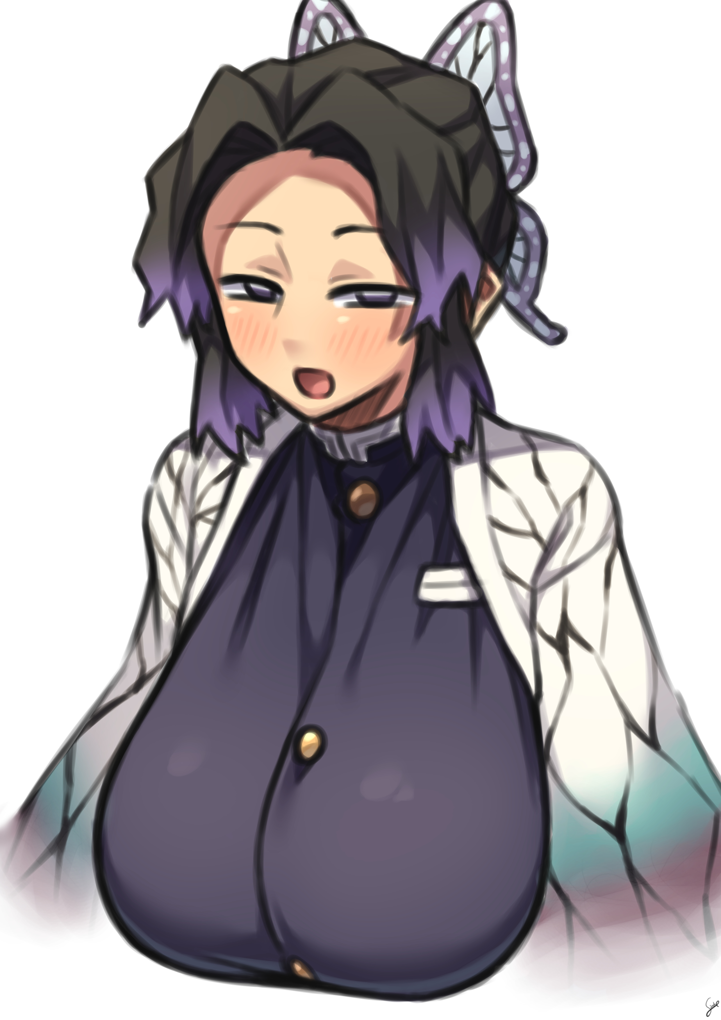 big breasts, black hair, blush, breasts, butterfly hair ornament, clothing, coffeelove68, demon slayer, female, female only, fully clothed, half-closed eyes, hanging breasts, haori, huge breasts, kimetsu no yaiba, kochou shinobu, looking at viewer, sagging breasts, solo, two-tone hair, upper body