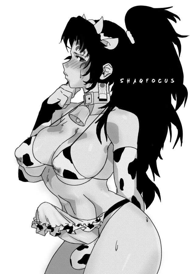 1futa, apron, balls, big breasts, big penis, bikini top, blush, breasts, clothed, clothing, cow bikini, cow ears, cow horns, cow print, cow print armwear, cowbell, demon slayer, earrings, erection, facial mark, futa only, futanari, human, intersex, kimetsu no yaiba, long hair, looking at viewer, monochrome, mostly nude, nipple bulge, penis, ponytail, rule 63, shaqfocus, solo, standing, sweatdrop, underboob, wide hips, yoriichi tsugikuni