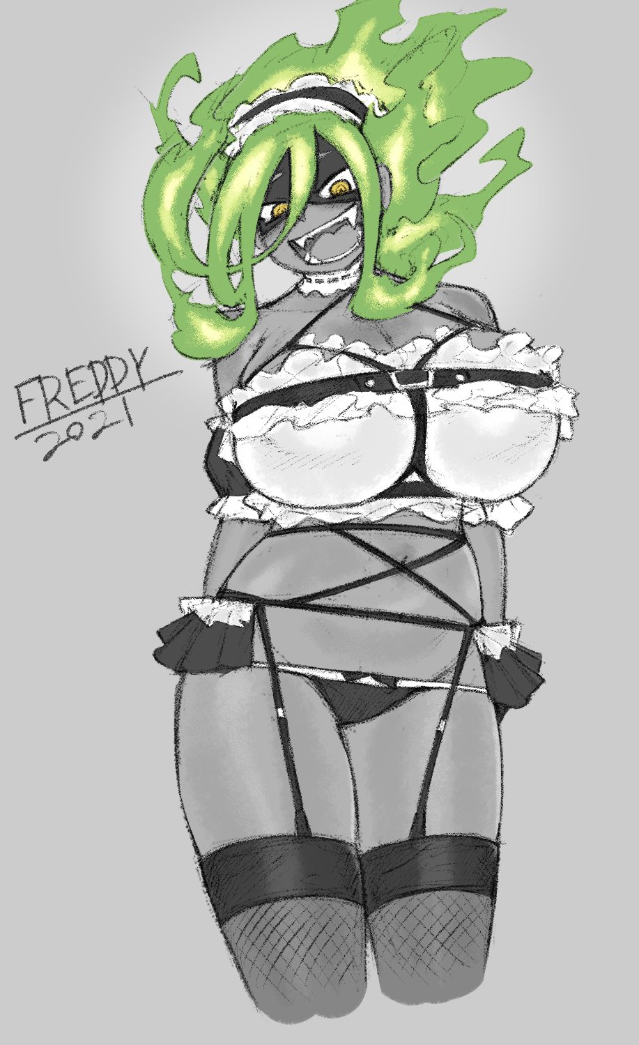 1girls, burnin (my hero academia), clothed, clothing, female, female only, freddyhalloween, garter straps, green hair, kamiji moe, lingerie, maid, moe kamiji, mostly nude, my hero academia, open mouth, solo, standing, thighhighs