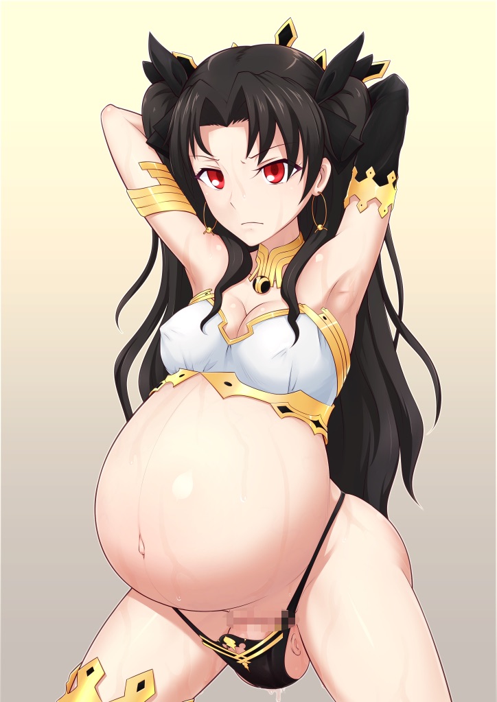 aka8mori armbands armor armpits arms_behind_head arms_up birth birthing black_hair black_thong blocked_birth censored censored_pussy choker cleavage collar dark_hair earrings fate/grand_order fate_(series) female female_only frown gold huge_belly ishtar_(fate) long_hair looking_at_viewer metal mosaic_censoring panty_birth pregnant ready_to_pop red_eyes solo strapless sweat thong tubetop twintails