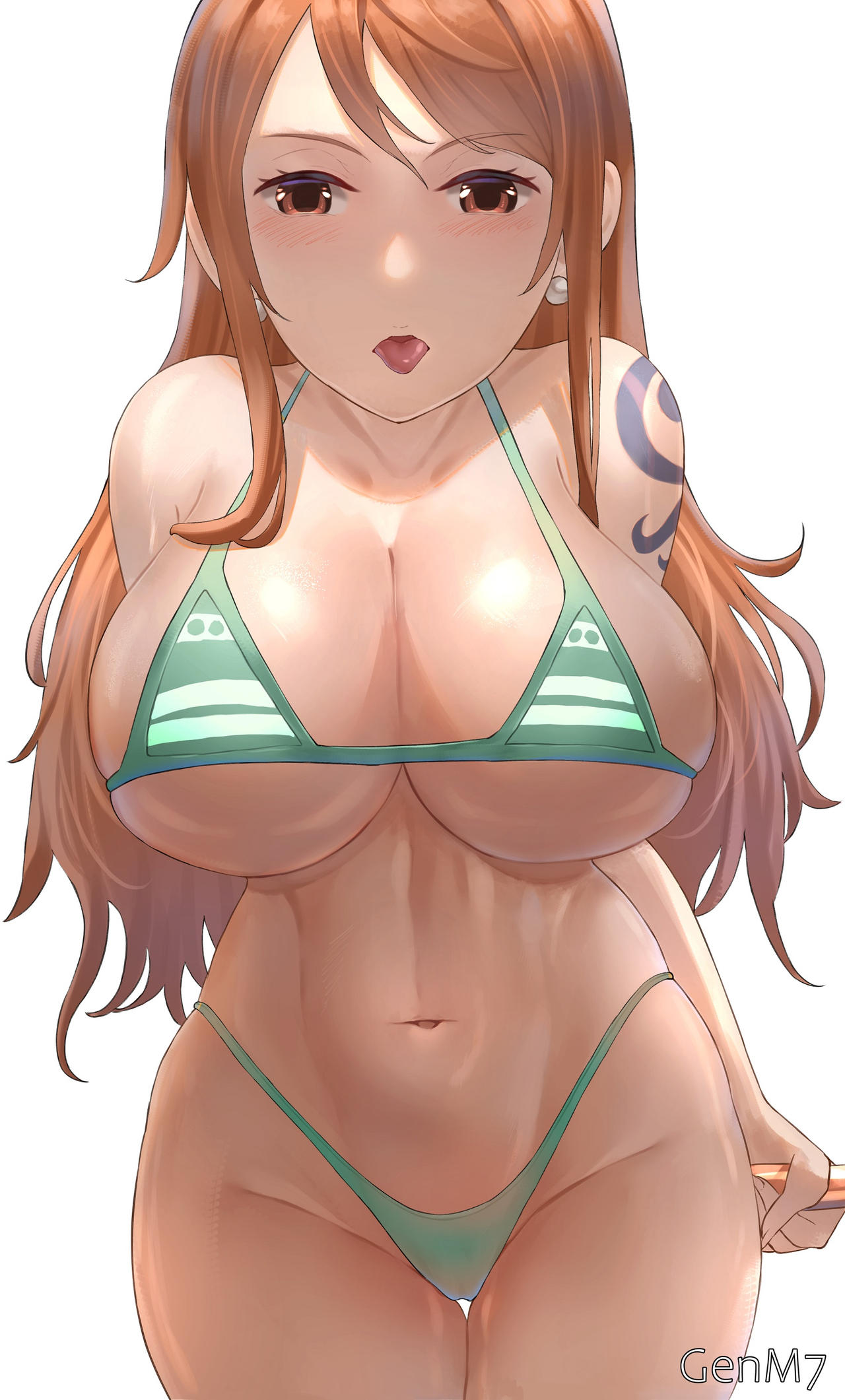 1girls arm_behind_back big_breasts bikini bikini_bottom blush breasts brown_eyes busty child_bearing_hips female female_only genm7 hips huge_breasts imminent_kiss inviting long_hair looking_at_viewer nami navel no_pants one_piece orange_hair solo striped_bikini tattoo thick_thighs thong_bikini tongue tongue_out voluptuous wide_hips