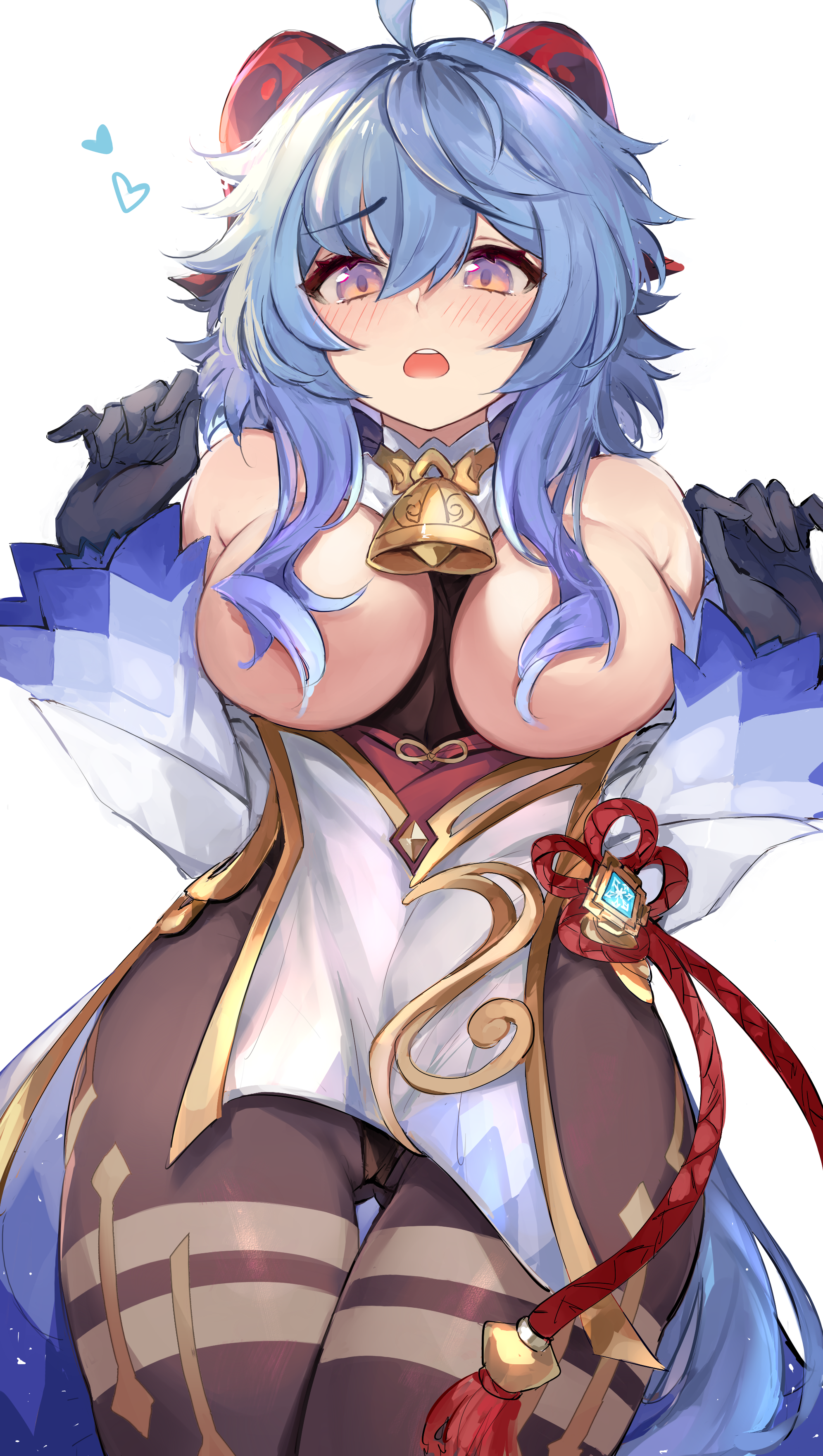 1girls, absurdres, ahoge, bangs, bell, black gloves, black legwear, blue hair, blush, breasts, chinese knot, clothes pull, convenient censoring, detached sleeves, embarrassed, eyebrows visible through hair, female, ganyu (genshin impact), genshin impact, gloves, gluteal fold, heart, highres, horns, large breasts, looking at viewer, mandytanaka13, multicolored, multicolored eyes, neck bell, nose blush, open mouth, sidelocks, solo, tassel, thigh gap, thighlet, vision (genshin impact), white background, white sleeves