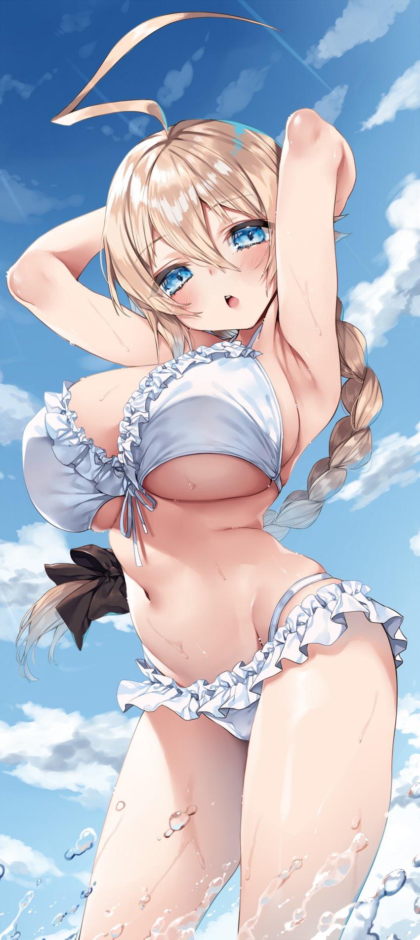 1girls, ahoge, blazblue, blonde hair, blue eyes, braid, breasts, es (xblaze), eyebrows visible through hair, female, himegi you, large breasts, long hair, navel, solo, swimsuit