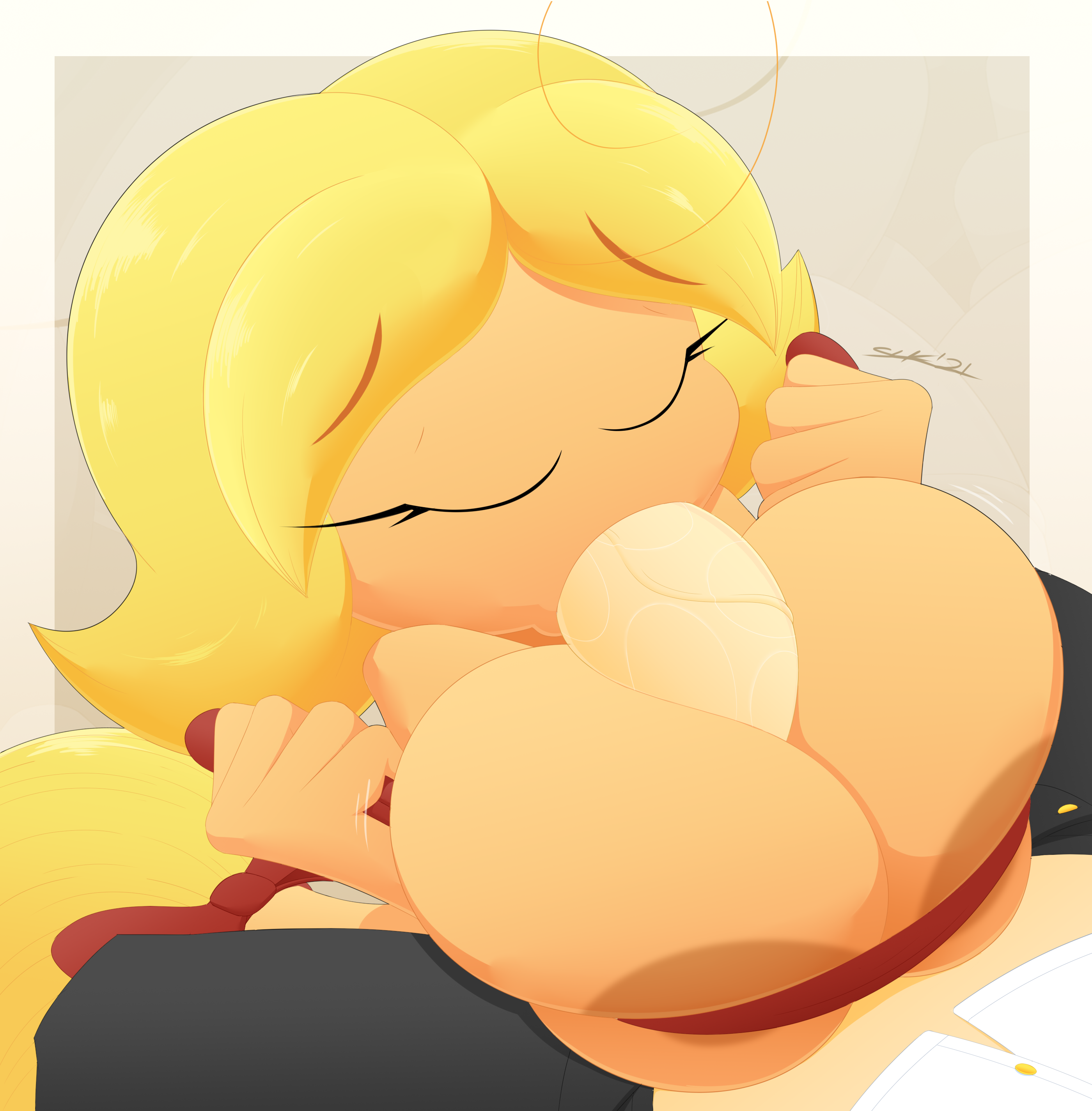 1boy, 1girls, areolae, big breasts, big penis, blonde hair, blowjob, breasts, broom, closed eyes, fellatio, female, huge breasts, large breasts, male, mary besom, oral, original, original character, paizuri, penis, sex, short hair, signature, slickehedge
