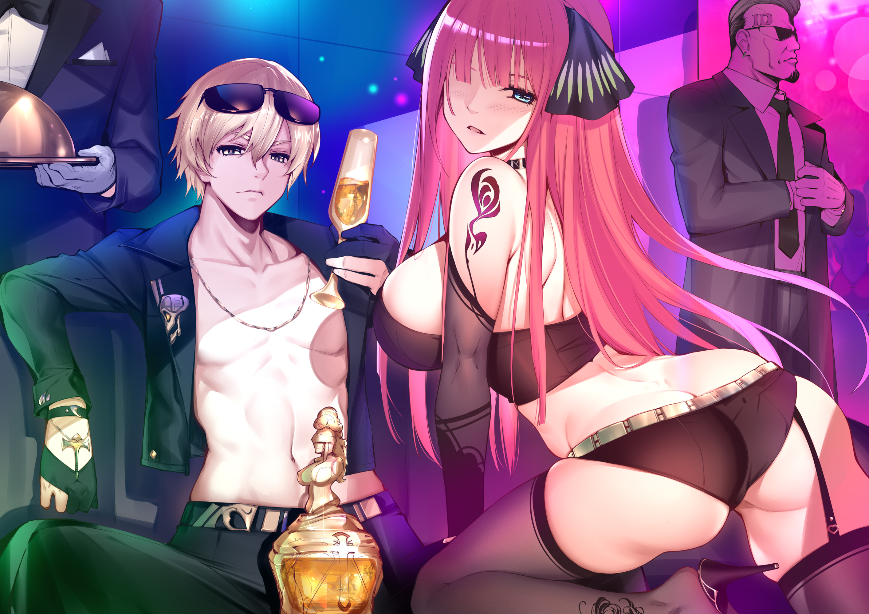1girls, alcohol, ass, big breasts, black legwear, black panties, breasts, champagne, drink, eyewear on head, female, go-toubun no hanayome, kosmos beta, large breasts, legwear, long hair, looking at viewer, nakano nino, necklace, pantsu, ribbon, shoulder tattoo, sunglasses, sunglasses on head, tattoo, uesugi fuutarou