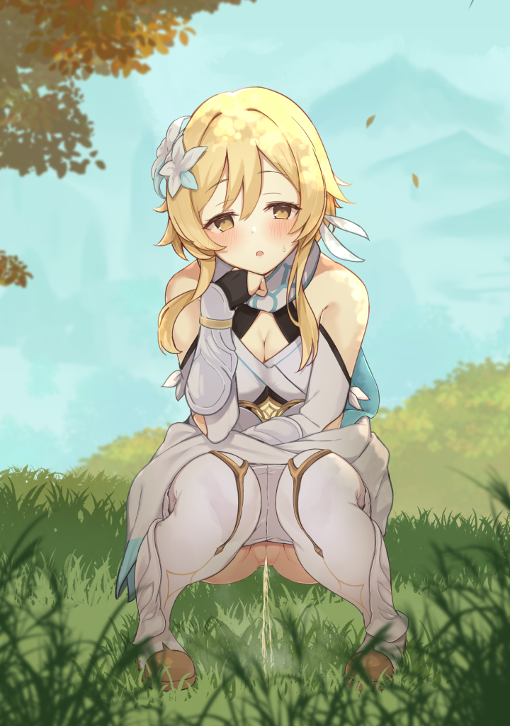 1girls bare_shoulders blonde_hair blush breasts cleavage cleft_of_venus female female_only flower flower_on_head genshin_impact hair_ornament long_hair lumine_(genshin_impact) medium_breasts metaring open_mouth peeing pussy solo squatting sweatdrop urine yellow_eyes