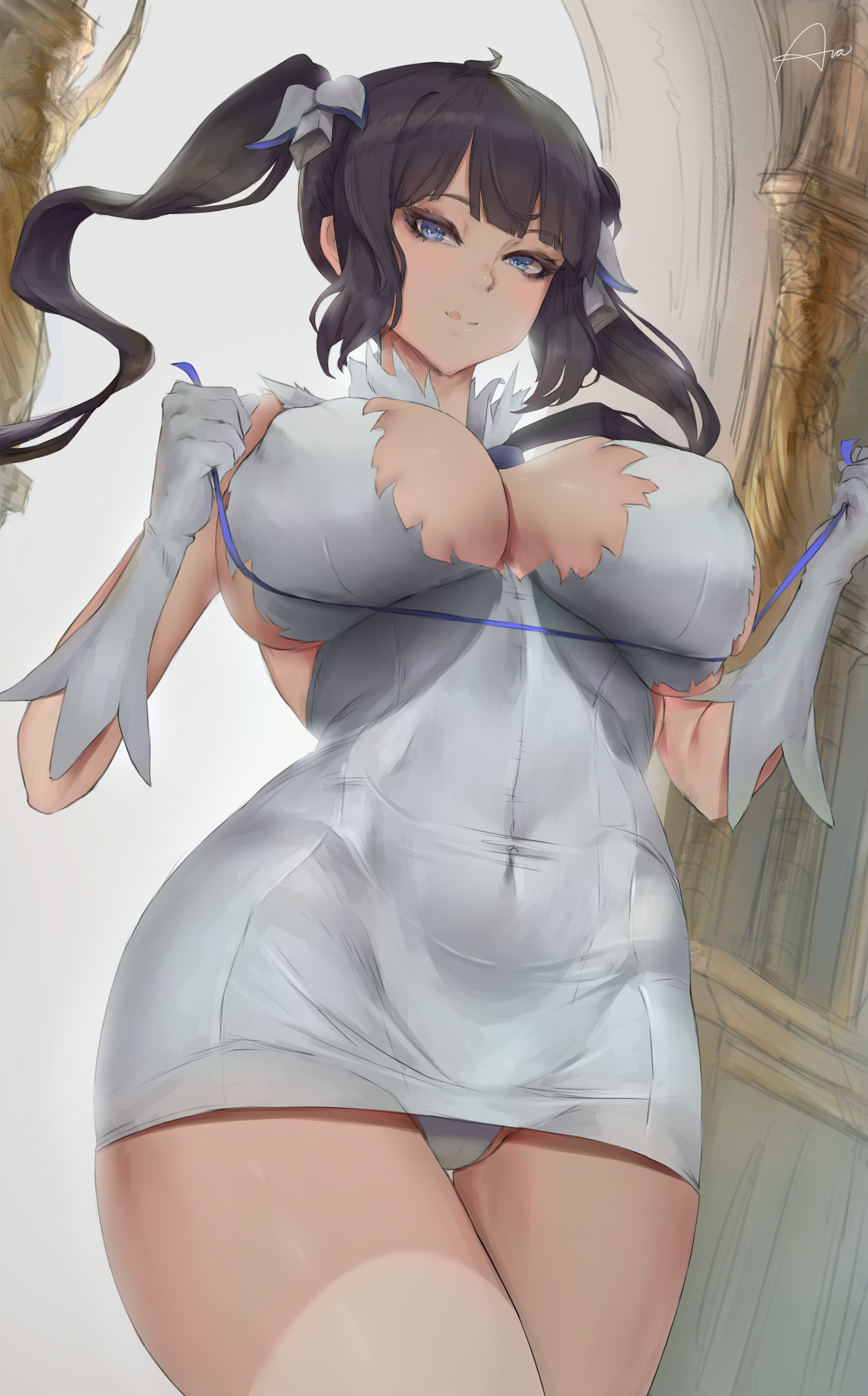 1girls, 2021, araneesama, artist signature, bare legs, belly button, black hair, blue eyes, blue ribbon, breasts, cleavage, cutesexyrobutts (style), dress, dungeon ni deai wo motomeru no wa machigatteiru darou ka, erect nipples, erect nipples under clothes, female, female focus, female only, hestia (danmachi), hi res, hips, huge breasts, indoors, long hair, looking at viewer, naughty face, nipples, panties, ribbon, smile, suggestive look, thick thighs, thighs, tight clothing, tight dress, tight fit, tongue, tongue out, twintails, very high resolution, white dress, white panties, wide hips