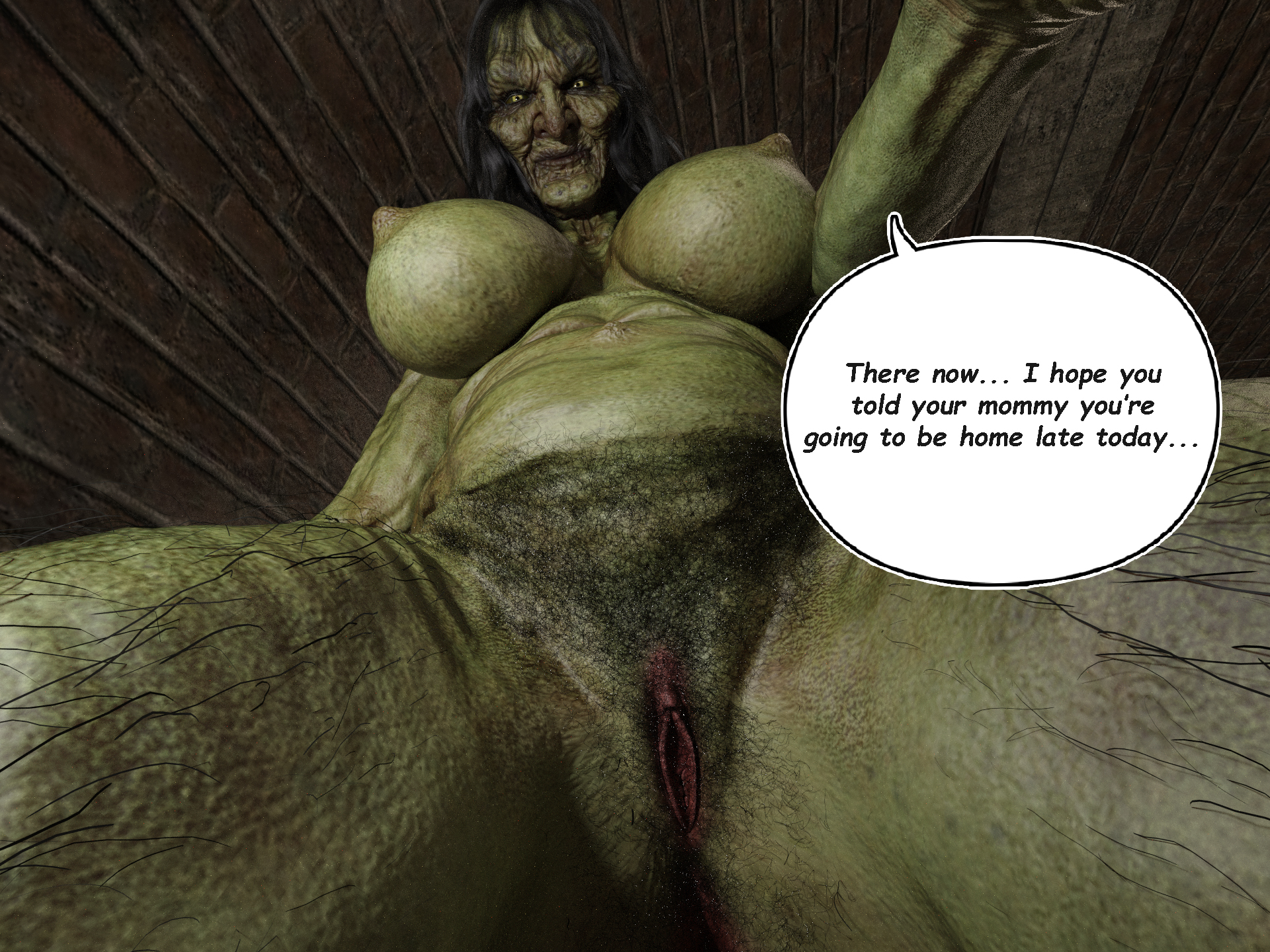 3d, ass, big ass, big breasts, big butt, breasts, brown hair, bubble ass, bubble butt, comic, comic page, cougar, cunnilingus, daz studio, english, english text, female, gilf, green skin, grotesque, hairy, hairy butt, hairy legs, hairy pussy, hairy vagina, horror, mature, mature female, milf, misuzalha3d, monster, monster girl, olga (misuzalha3d), pov, pussy, speech bubble, suggestive, taker pov, ugly, vagina, witch