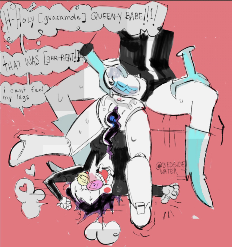 1boy, after sex, bedsidewater (artist), deltarune, deltarune chapter 2, female, futa on male, futanari, intersex, its the big shot himself spamton g spamton, male, penis, queen (deltarune), spamton g spamton, tentacle penis, undertale (series)