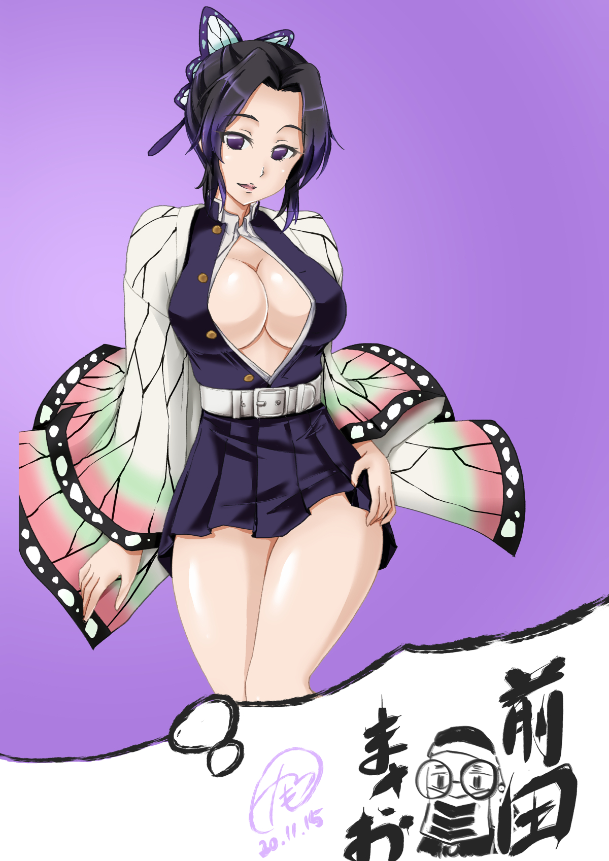 1girls, alternate costume, big breasts, black hair, breasts, butterfly hair ornament, cleavage, clothing, demon slayer, female, female only, haori, kimetsu no yaiba, kochou shinobu, looking at viewer, miniskirt, no bra, open shirt, pleated skirt, purple background, purple eyes, purple hair, purple-haired female, revealing clothes, solo, thought bubble, two-tone hair, wide hips