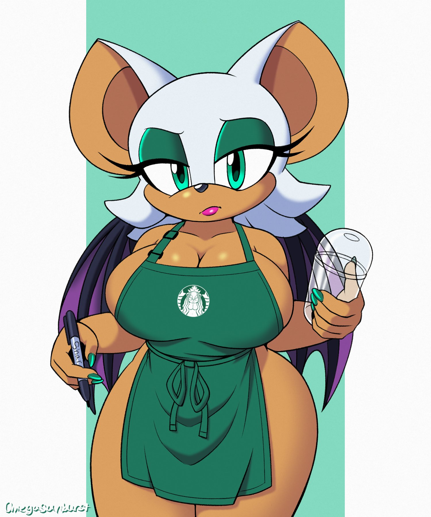 1girls, about to burst, anthro, apron, barely contained, barely contained breasts, barely fits, bat ears, bat wings, big ears, breasts, bursting breasts, curvaceous, curvy, curvy female, eyeshadow, female, female focus, female only, green eyes, huge breasts, humanoid, iced latte with breast milk, imminent wardrobe malfunction, looking at viewer, meme, naked, naked apron, omegasunburst, rouge the bat, sega, sonic (series), sonic the hedgehog (series), thick thighs, tight fit, white fur, wide hips