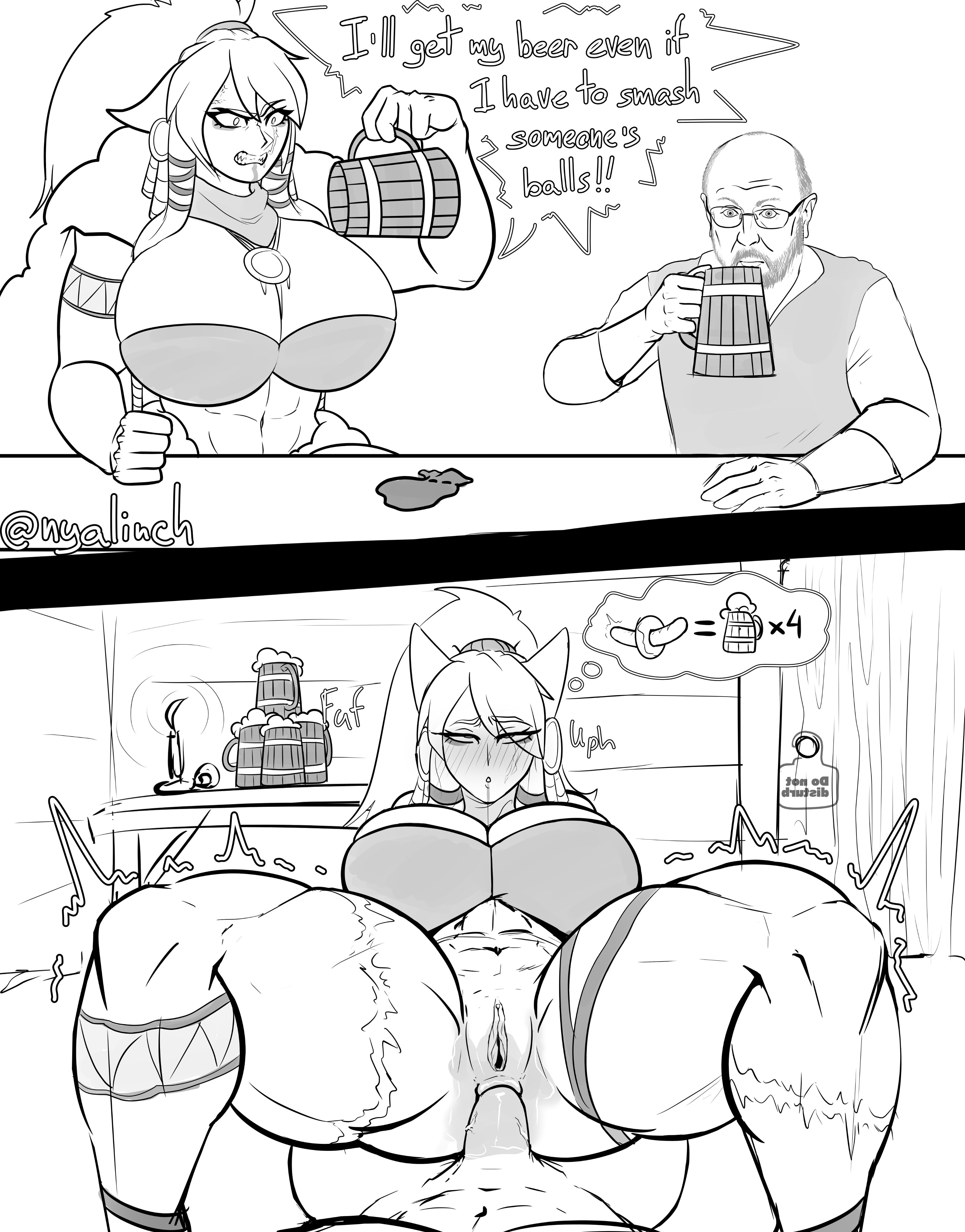 1boy, 1girls, anal, anal sex, angry, big breasts, breasts, female, female on top, greyscale, huge breasts, huge thighs, large breasts, larger female, long hair, male, meowlinch, monochrome, monster girl, muscular, muscular female, muscular male, muscular thighs, older male, original, original character, pub, size difference, sketch, speech bubble, spread legs, text, thick thighs, thighs, wolf ears, wolf girl