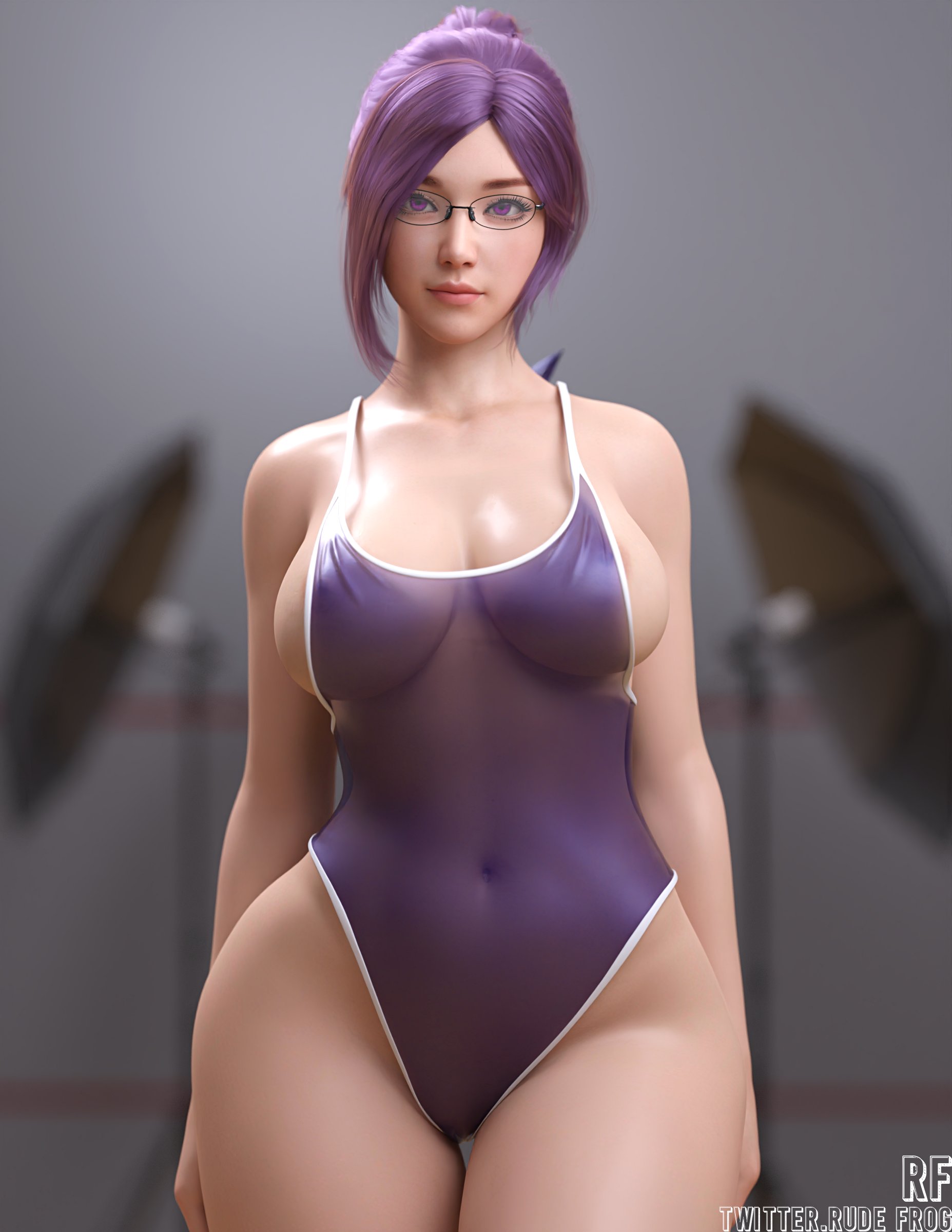 1girls, 3d, asian, big breasts, breasts, female, female only, front view, glasses, large breasts, looking at viewer, purple hair, rude frog, see-through swimsuit, short hair, solo, standing, thick thighs, wide hips