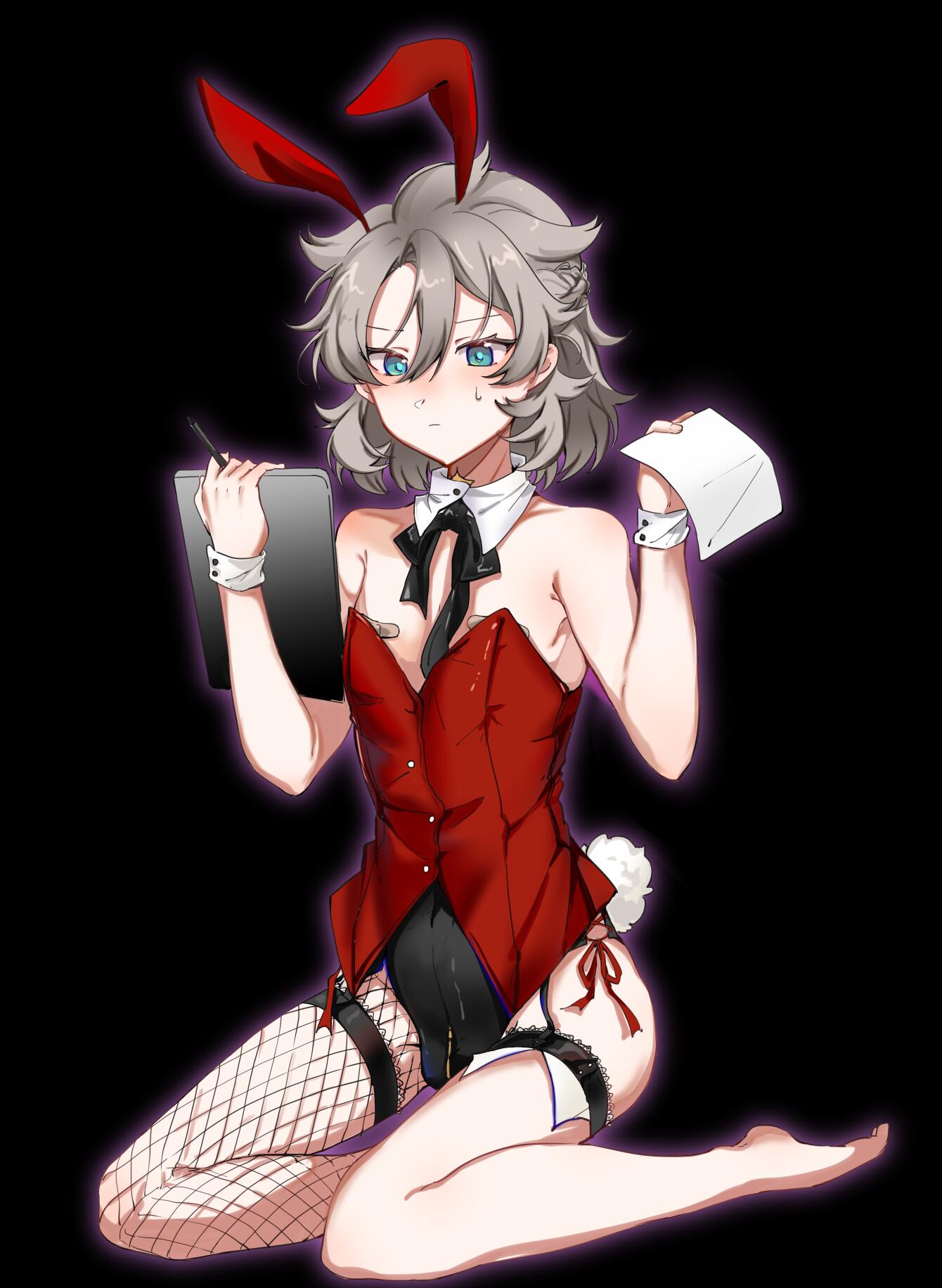 1boy, 986622515, albedo (genshin impact), androgynous, ass, bandaids on nipples, blonde hair, blue eyes, blush, bulge, bunny boy, bunny ears, bunny tail, bunnysuit, crossdressing, femboy, fishnets, genshin impact, leotard, male, male only, otoko no ko, penis, penis bulge, thick ass, thick thighs, thighhighs, thighs, tight clothing, trap