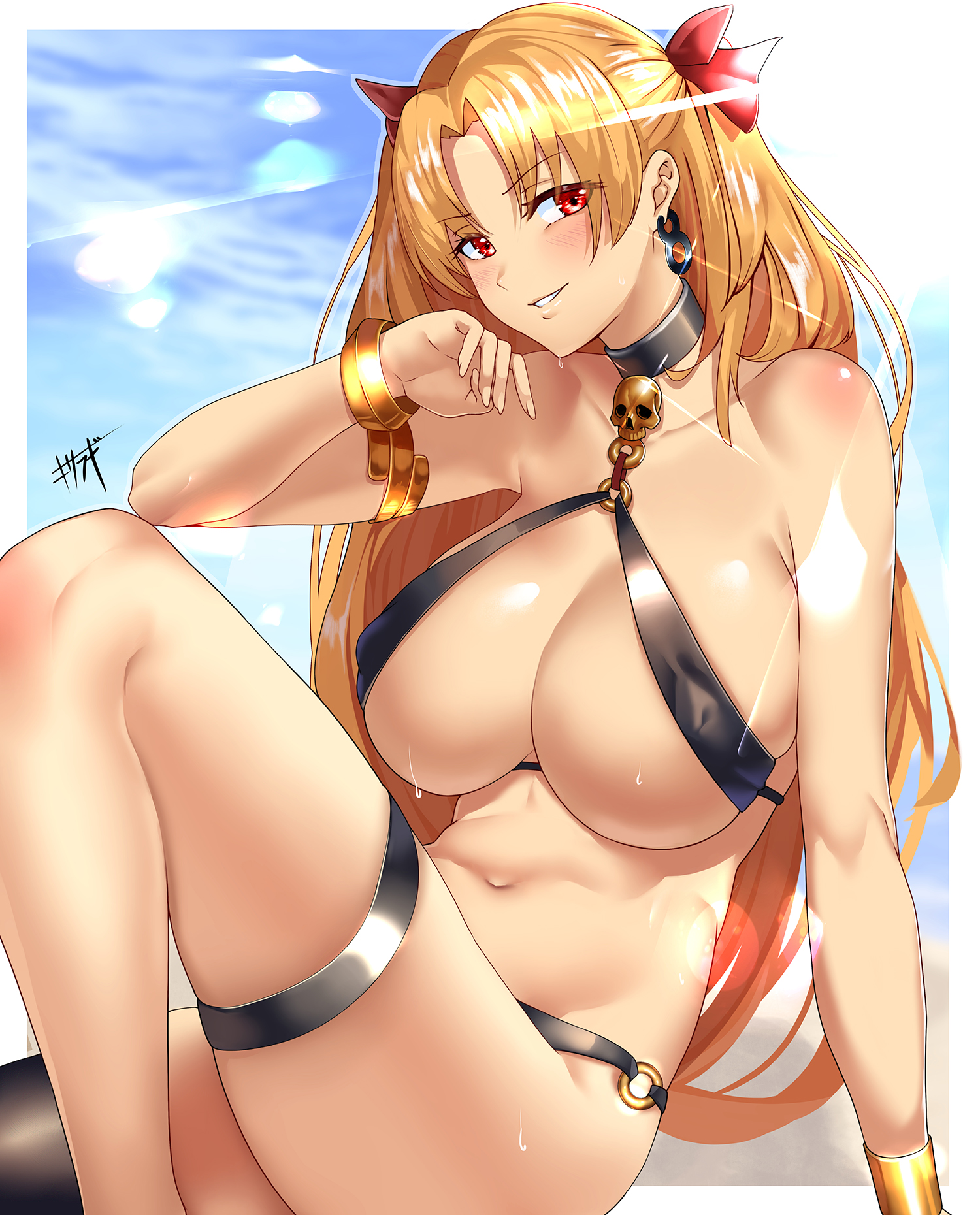 1girls, 2019, alternate version available, arm support, armpits, blush, bracelet, breasts, collarbone, earrings, ereshkigal (fate), eyebrows visible through hair, fate (series), fate/grand order, female, female focus, female only, hair ribbon, highres, huge breasts, jewelry, kisaragi tsurugi, leg garter, legs, long hair, looking at viewer, navel, o-ring, o-ring bottom, o-ring top, red eyes, red ribbon, revealing clothes, ribbon, signature, sitting, skull, smile, solo, solo female, solo focus, sweat, two side up
