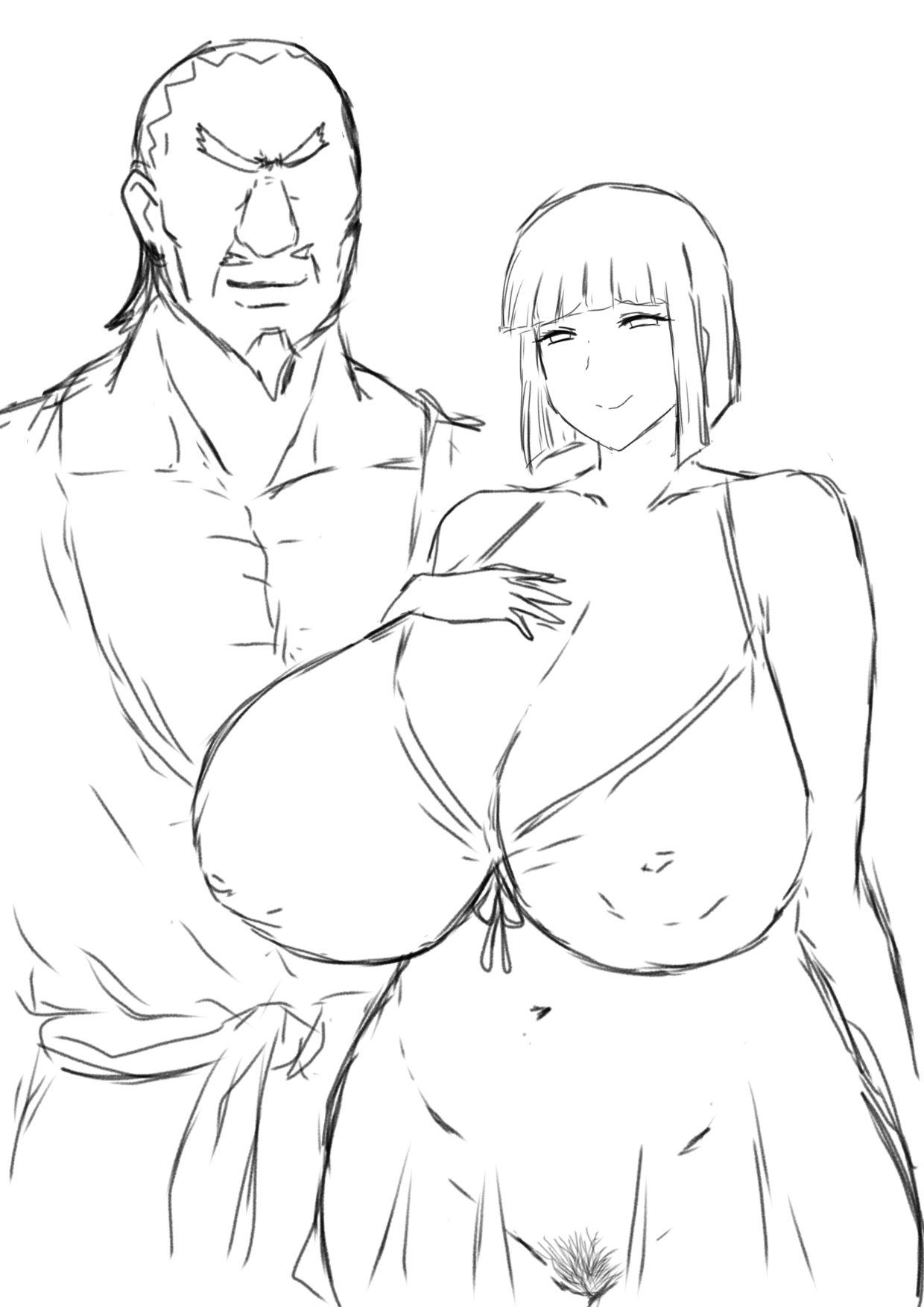 1boy, 1girls, areolae, asian clothing, bare arms, bare shoulders, beard, bedroom eyes, black and white, bob cut, boruto: naruto next generations, breasts, cheating, cheating wife, chubby, chubby female, cleavage, cornrows, erect nipples, erect nipples under clothes, facial hair, female, female pubic hair, gown, hairy pussy, height difference, huge breasts, hyuuga hinata, large areolae, large breasts, lingerie, male, mature, mature female, medium hair, milf, momiji (artist), monochrome, moustache, naruto, naruto (series), naruto shippuden, netorare, nightgown, nipple bulge, nipples, nipples visible through clothing, ntr, oppai, pubic hair, pussy, raikage, revealing clothes, robe, seductive, seductive eyes, seductive look, seductive smile, shoulder length hair, shounen jump, sketch, sleeveless, sleeveless dress, smile, smiling, standing, straight, uzumaki hinata, vagina, venus body, voluptuous, wide hips