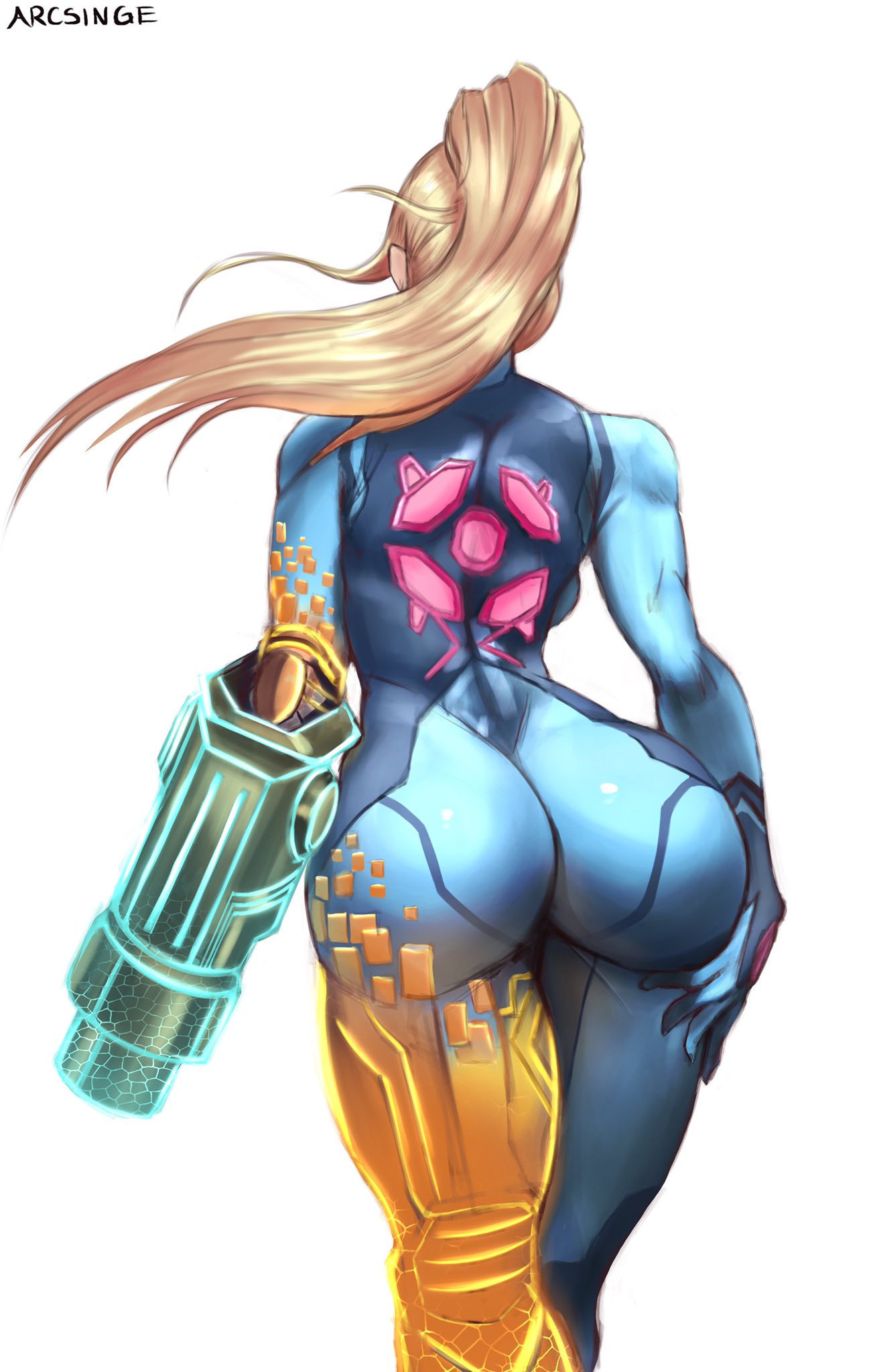 1girls arcsinge arm_cannon armor ass big_ass blonde_hair bodysuit female female_only firearm human metroid nintendo pale_skin ponytail samus_aran skin_tight solo tight_clothing varia_suit weapon zero_suit zero_suit_samus