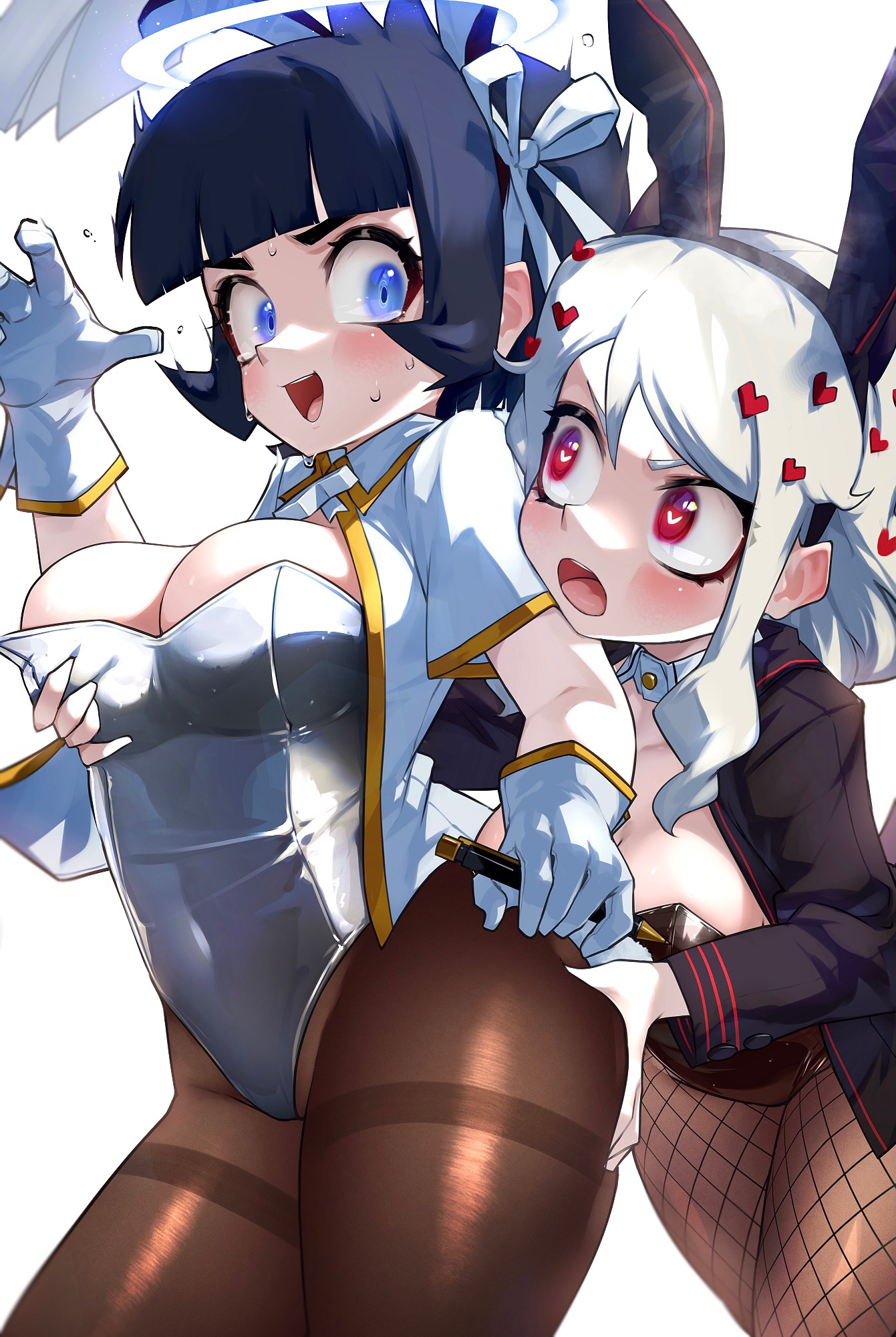 ass, ass grab, azazel (helltaker), black hair, blue eyes, blush, breast grab, breasts, bunny ears, bunnysuit, female, fishnets, gloves, heart, heart-shaped pupils, helltaker, hizake, kashu (hizake), modeus (helltaker), pen, red eyes, straight hair, sweat, tagme, white hair