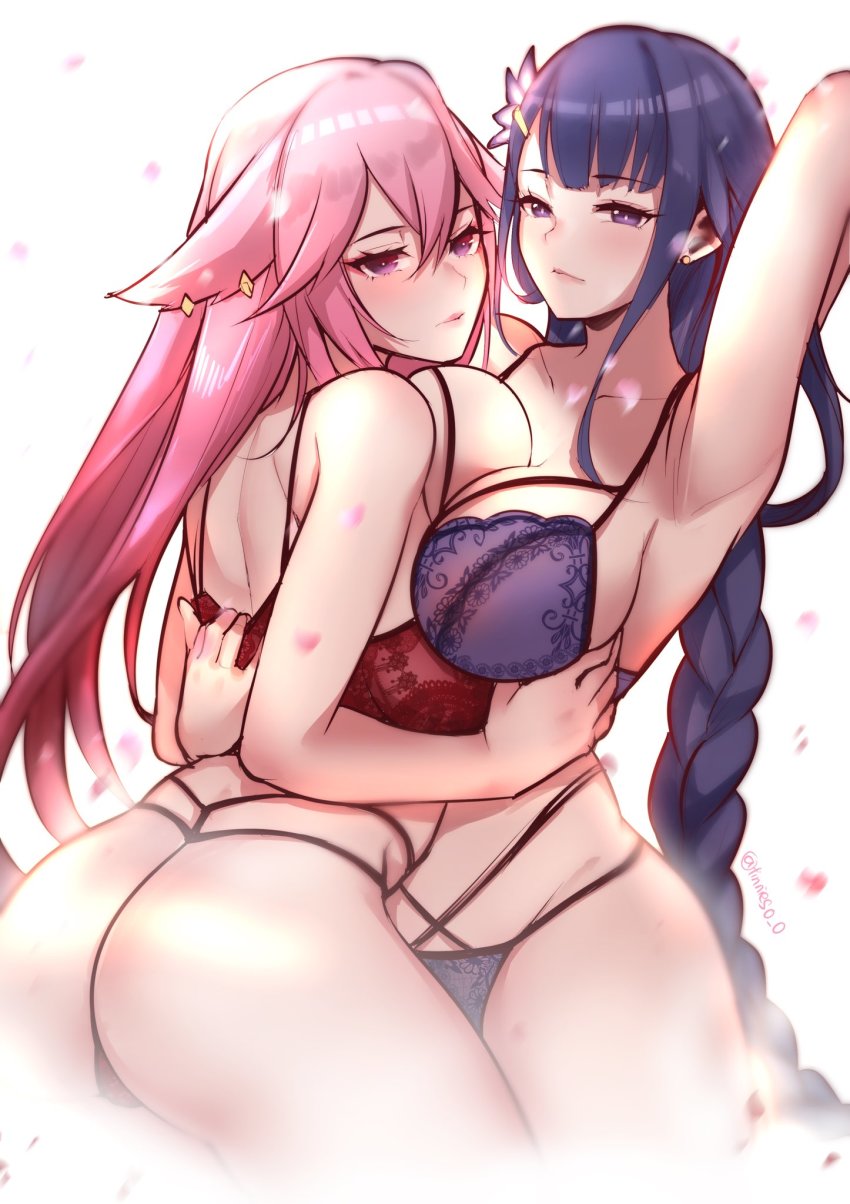 2girls, arm up, armpits, ass, bikini, bra, bra pull, breast press, breasts, cleavage, clothes pull, female, genshin impact, highres, large breasts, lingerie, lips, multiple females, multiple girls, panties, pink hair, purple bra, purple eyes, purple hair, purple panties, raiden shogun, red bra, seductive smile, smile, swimsuit, symmetrical docking, thighs, thong, tinnies, torso grab, underwear, yae miko, yuri