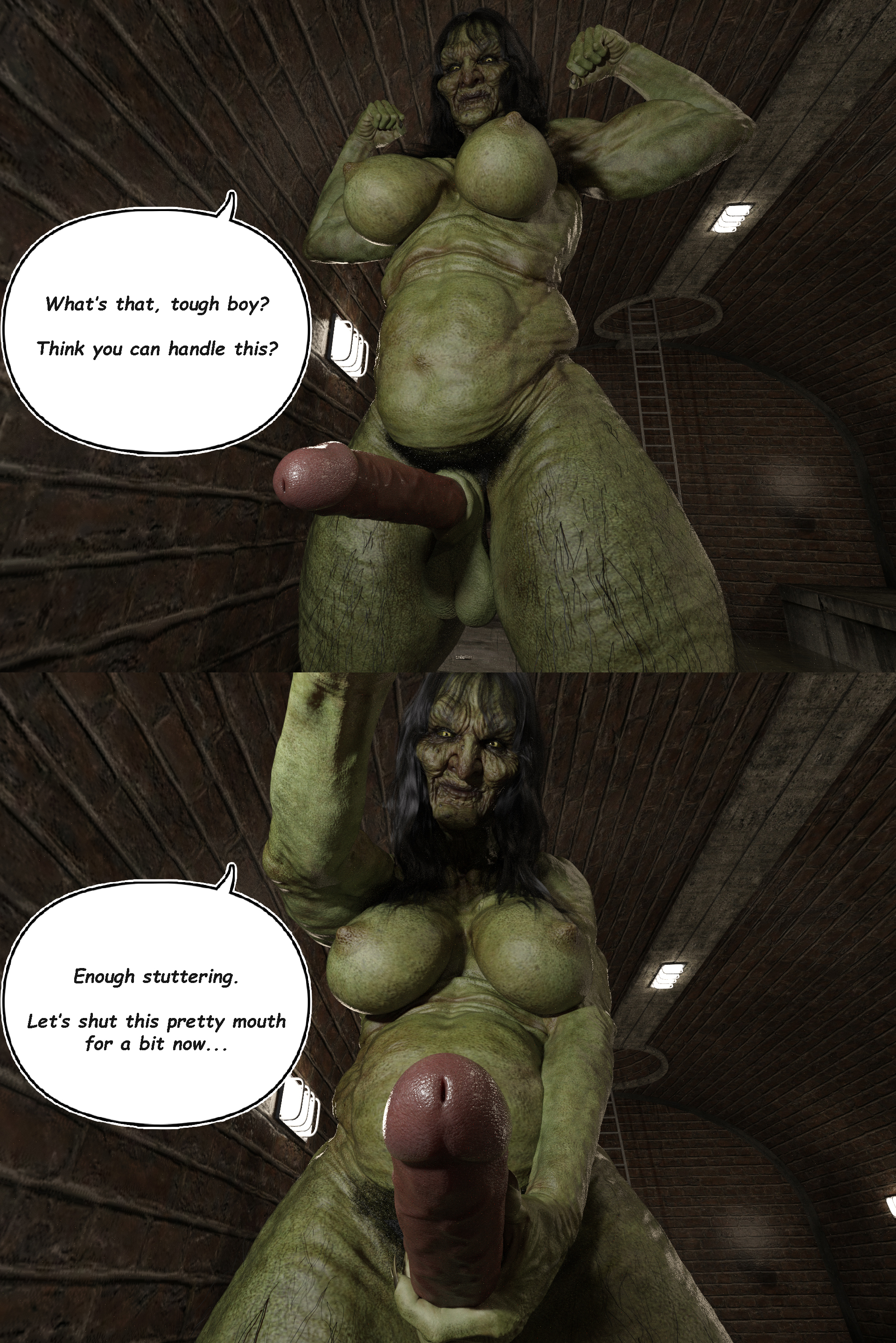 1futa, 3d, areolae, ass, balls, blowjob, breasts, brown hair, bubble ass, bubble butt, chubby, comic, comic page, cougar, dark skin, dark-skinned futa, daz studio, english, english text, erect nipples, erection, female, flexing, flexing arms, flexing bicep, futa only, futadom, futanari, gilf, green skin, grotesque, hairy, hairy legs, horror, huge breasts, imminent oral, imminent rape, imminent sex, intersex, mature, mature female, milf, misuzalha3d, monster, monster girl, nipples, nude, olga (misuzalha3d), oral, penis, pov, sewer, speech bubble, suggestive, taker pov, ugly, wide hips, witch