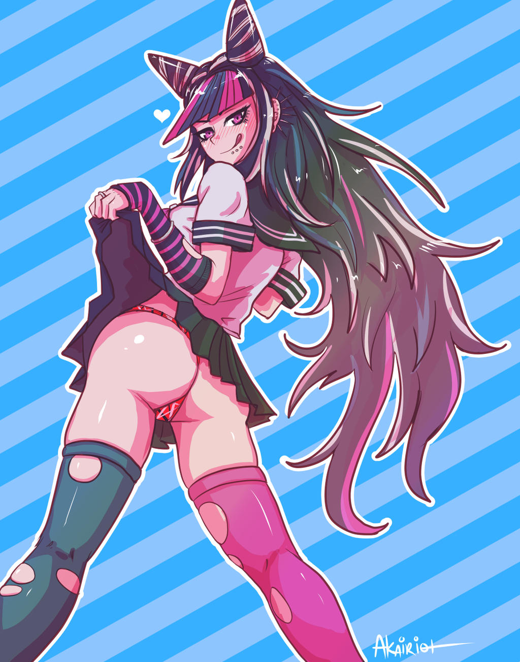 :p, 1girls, akairiot, ass, blue stockings, blush, blushing at viewer, danganronpa, danganronpa (series), danganronpa 2: goodbye despair, exposed ass, exposed butt, female, female focus, female only, fringe, fringe hair, hair horns, human, long hair, looking at viewer, looking back, mioda ibuki, multicolored clothes, multicolored hair, panties, pantsu, pierced ears, piercing, pink eyes, pink ribbon, pink stockings, pov, pov eye contact, punk, punk girl, ring, ripped stockings, seifuku, short skirt, skirt, skirt lift, solo, solo female, solo focus, standing, straight hair, striped background, tongue, tongue out, young