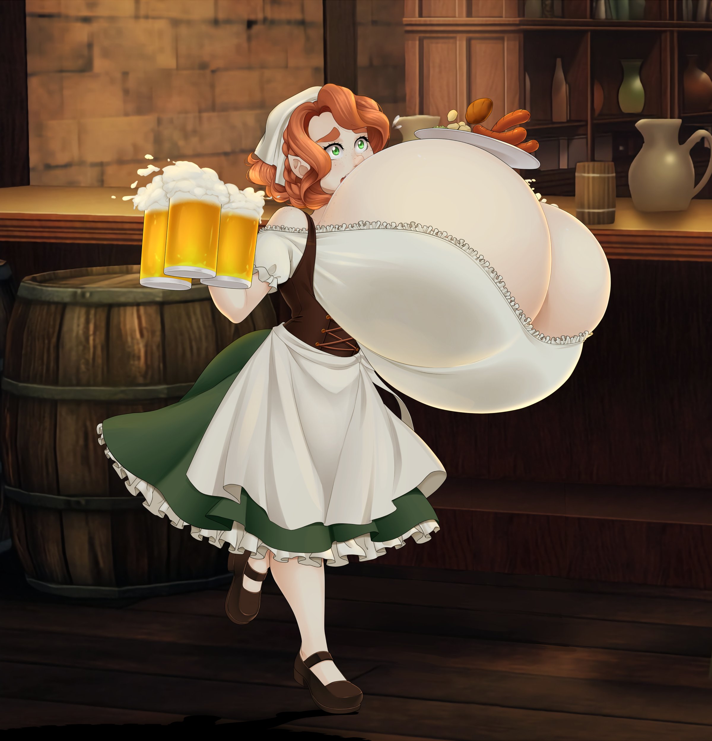 beer mug, breasts, bursting breasts, dwarf, dwarf female, female, gigantic breasts, green eyes, huge breasts, hyper breasts, saburox, short hair, shortstack, tight clothing, waitress