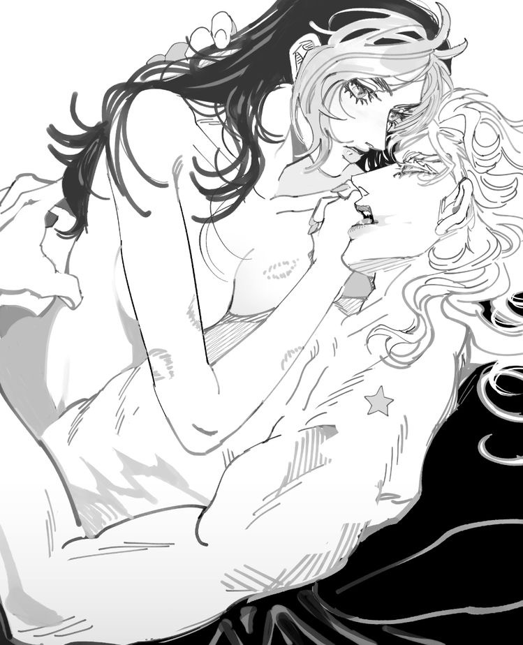 1boy, 1girls, bite marks, crack pairing, female, giorno giovanna, hickey, incest, joestar birthmark, jojo's bizarre adventure, jolyne kujo, male, monochrome, shirtless, stone ocean, straight, vento aureo