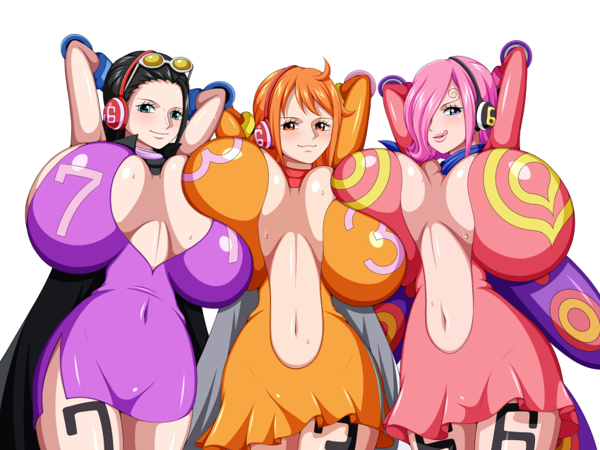 3girls, areola, areola slip, areolae, arms behind head, big breasts, black hair, black tattoo, black-haired female, breasts, eyewear on head, female, female only, huge breasts, k-trance, koktter, large breasts, leg tattoo, long hair, looking at viewer, nami (one piece), navel, nico robin, one piece, orange hair, orange-haired female, pink hair, pink-haired female, post-timeskip, short hair, tattoo, vinsmoke reiju