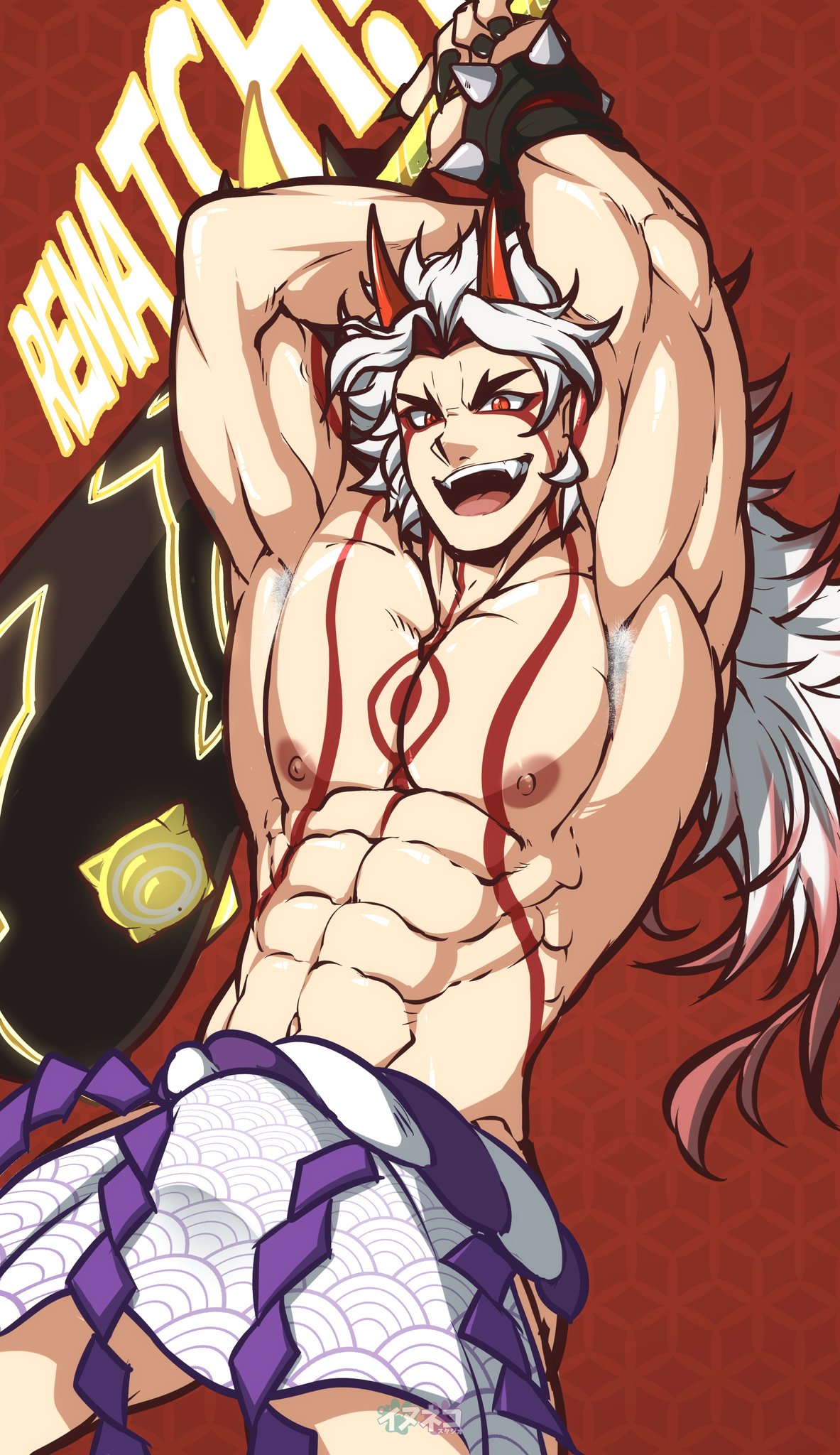 1boy, abs, arataki itto, bara, black nails, body markings, bodypaint, club, facepaint, fangs, genshin impact, hair, hairy armpits, horns, huge pecs, inunekostudio, male, male only, oni, oni horns, open mouth, pecs, red eyes, red horns, shirtless, solo, teeth, text, white hair, yaoi
