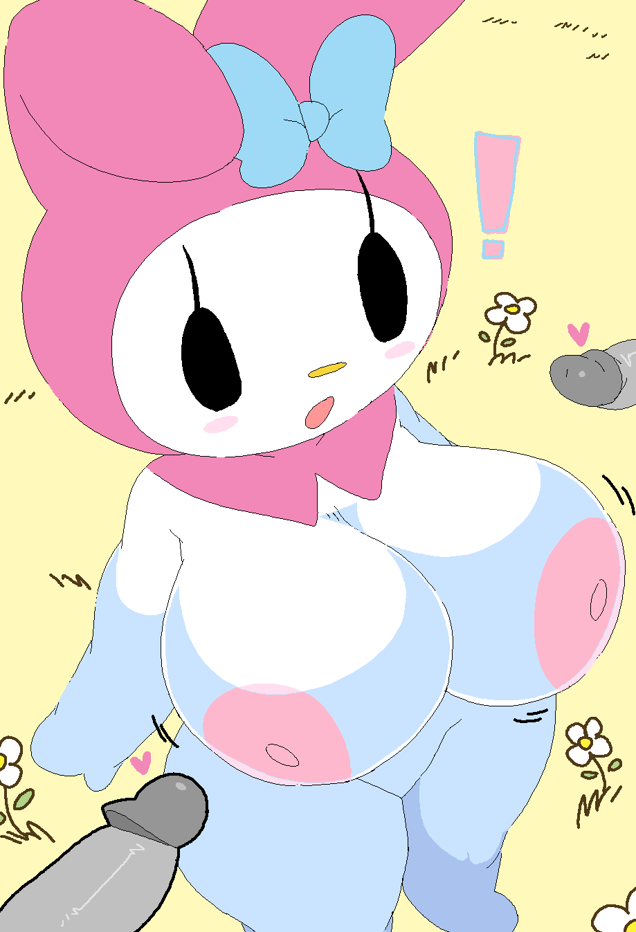 breasts, dream-cassette, exclamation point, female, heart, hoshime, huge breasts, male, mob face, multiple penises, my melody, offscreen character, onegai my melody, penis, sanrio, shortstack
