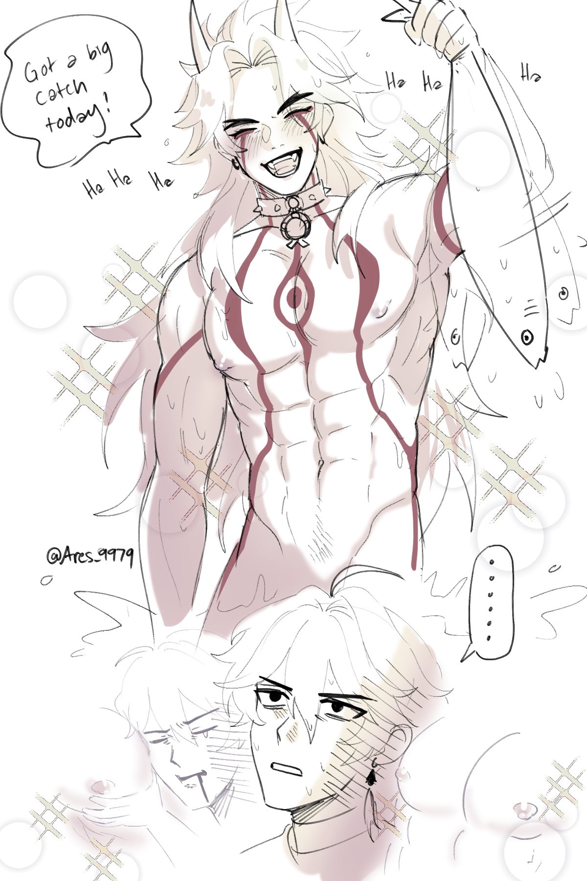 2boys, aether (genshin impact), arataki itto, big breasts, boys, breasts, gay, genshin impact, male, male breasts, male only, male with breasts, sketch