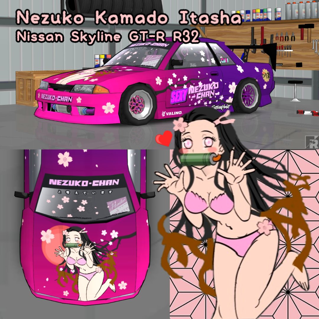 1girls alternate_version_available bamboo belly_button bikini car censored cherry_blossoms cute demon_slayer female fr_legends game garage itasha kamado_nezuko kimetsu_no_yaiba long_hair nezuko_kamado nissan nissan_gtr nissan_skyline nissan_skyline_gt-r_r32 pink_bikini pink_swimsuit solo_female sports_car swimsuit vehicle