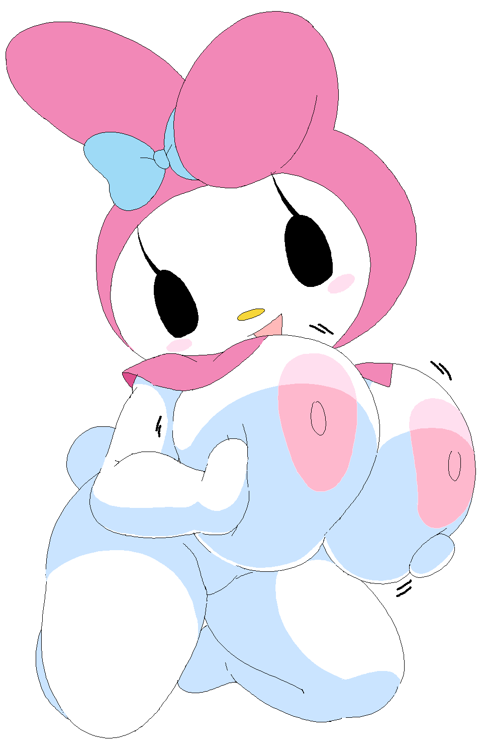 breasts, dream-cassette, female, hoshime, huge breasts, jiggle, mob face, my melody, onegai my melody, presenting breasts, sanrio, shortstack