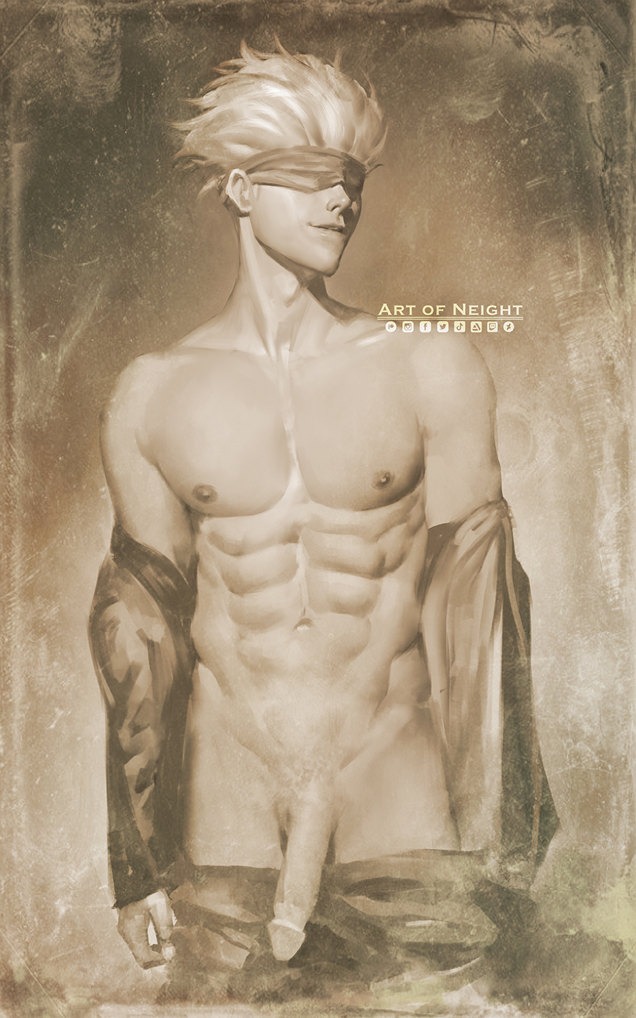 1boy, abs, alternate version available, biting lip, biting own lip, blindfold, clothing, genitals, jujutsu kaisen, male, male only, monochrome, neight, pants down, pecs, penis, satoru gojo, solo, solo male, standing
