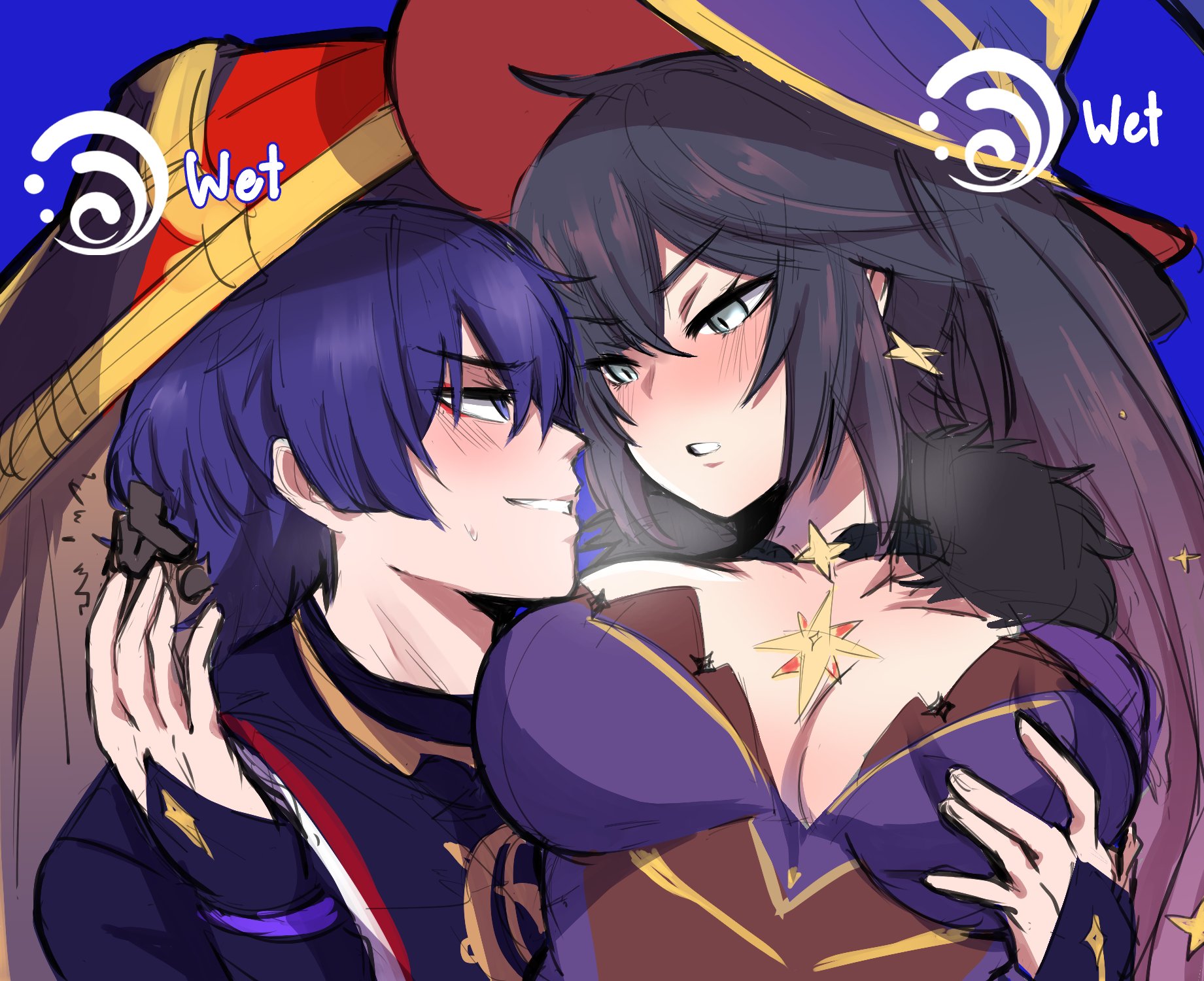 1boy, 1girls, blush, breast grab, breasts, cleavage, female, genshin impact, grope, groping, hat, kurenaiz1, large breasts, male, mona (genshin impact), scaramouche (genshin impact), smile, twintails, upper body, wet