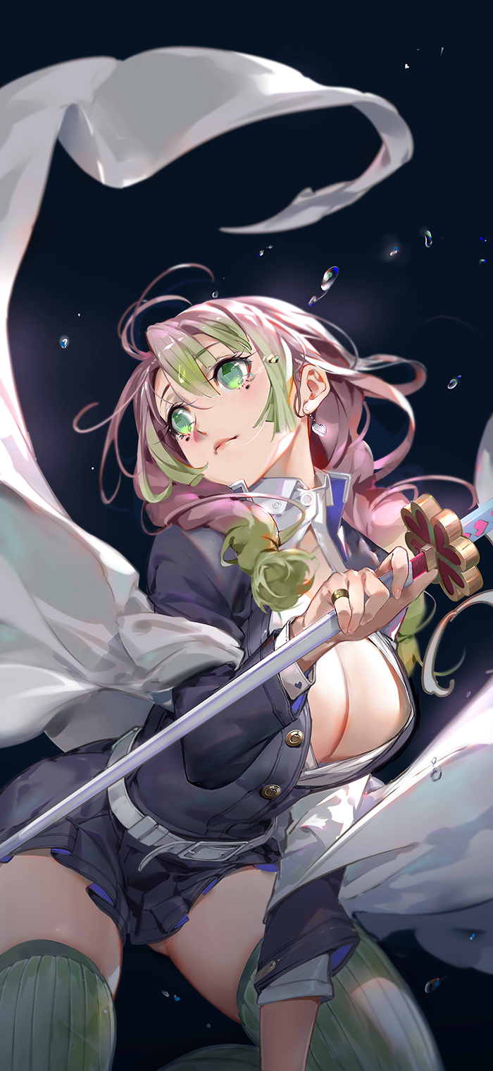 1girls, big breasts, black background, braided hair, breasts, cleavage, clothing, crying, demon slayer, detailed, earrings, female, female only, green eyes, haori, kanroji mitsuri, kimetsu no yaiba, kneeling, miniskirt, mole under eye, open shirt, pink hair, pink-haired female, pleated skirt, solo, sword, tears, thighhighs, two-tone hair, unbuttoned shirt, zettai ryouiki