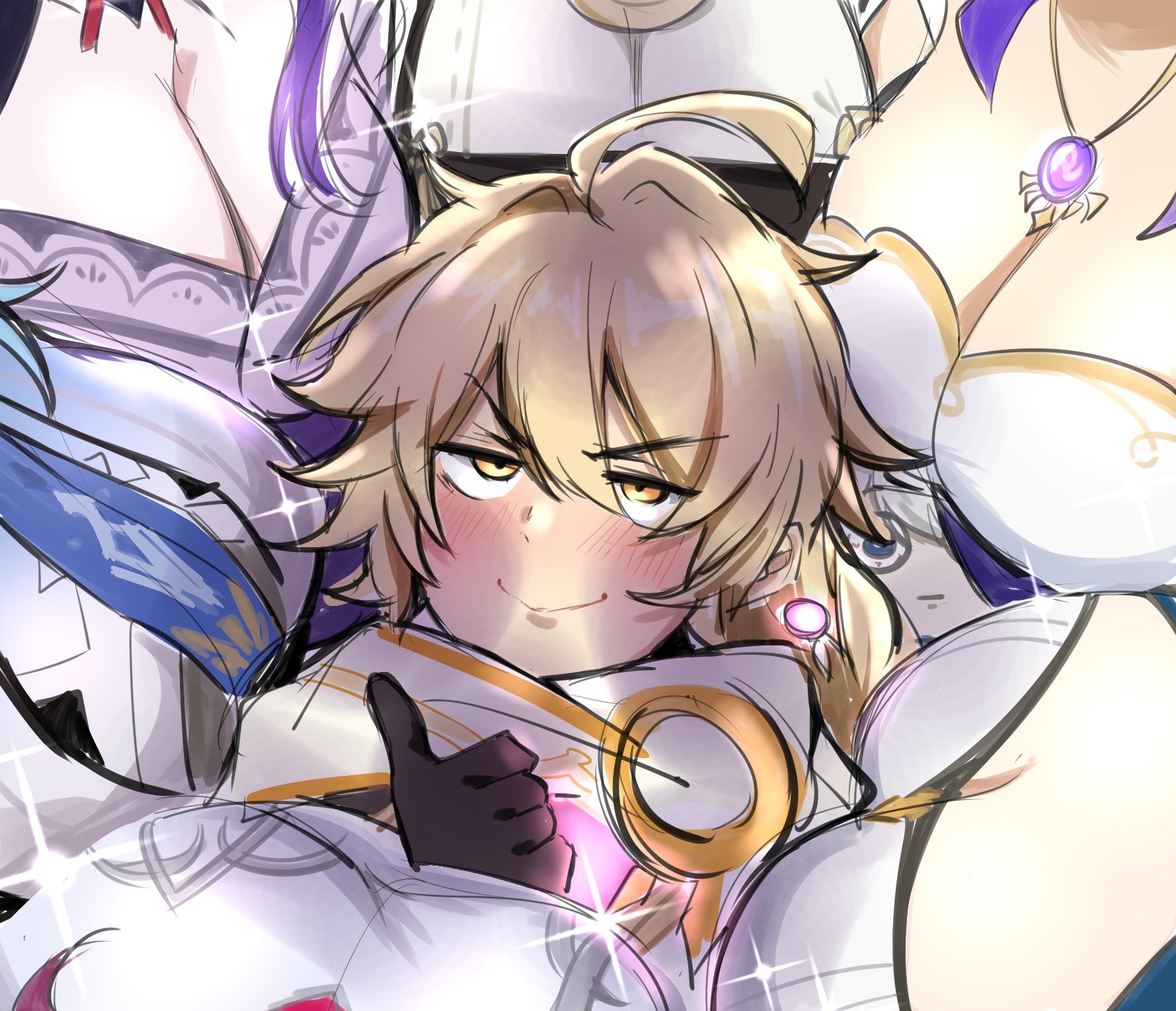 1boy, 6+girls, 7girls, aether (genshin impact), blush, breasts, cleavage, eula (genshin impact), female, funny, genshin impact, happy male, harem, jean gunnhildr, kujou sara, kurenaiz1, large breasts, lisa (genshin impact), looking at viewer, male, male focus, milf, multiple females, multiple girls, paimon (genshin impact), raiden shogun, rosaria (genshin impact), smaller male, smile, surrounded, surrounded by breasts, surrounded by women, thumbs up